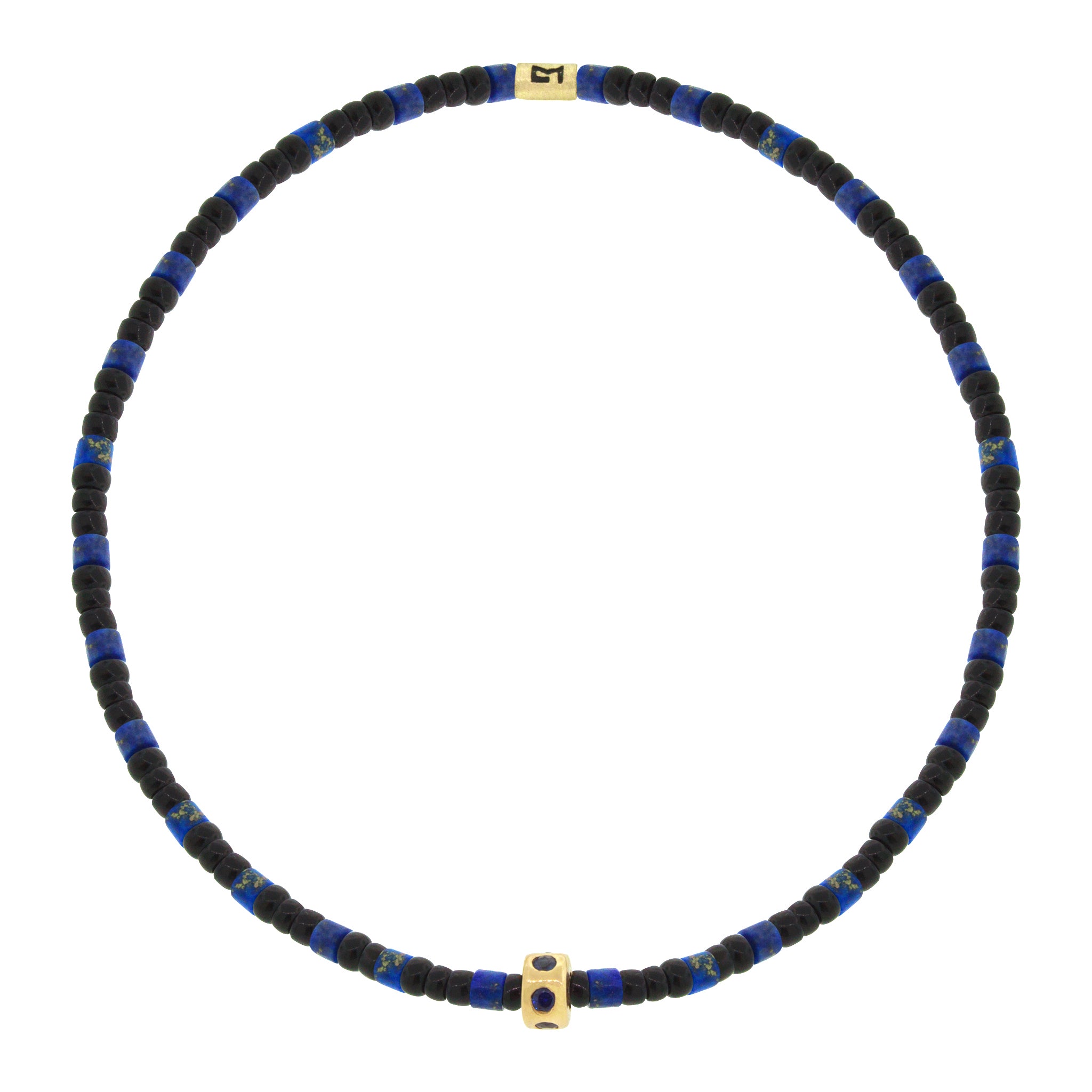 LUIS MORAIS 14K gold mini roundel bead with six blue sapphires on a gemstone and glass beaded bracelet.