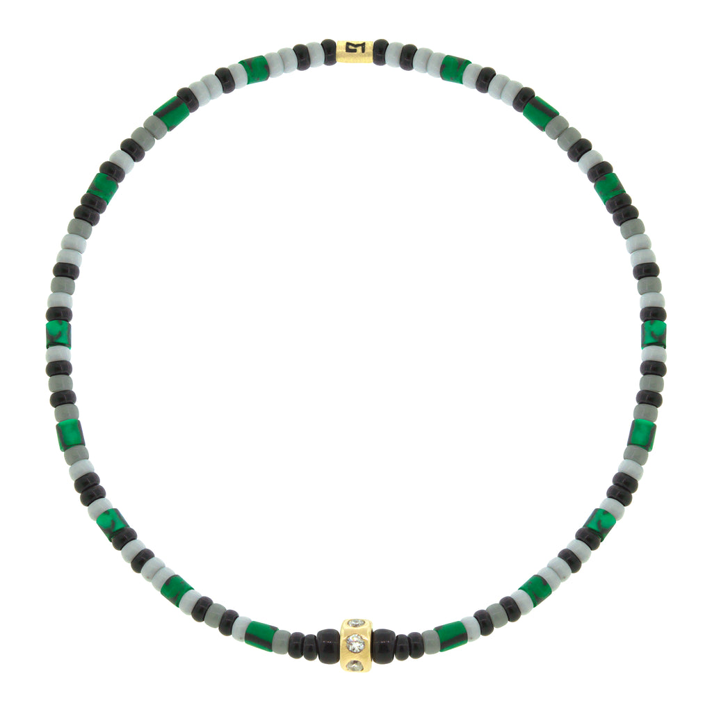 LUIS MORAIS 14K gold mini roundel bead with six white diamonds on a gemstone and glass beaded bracelet.