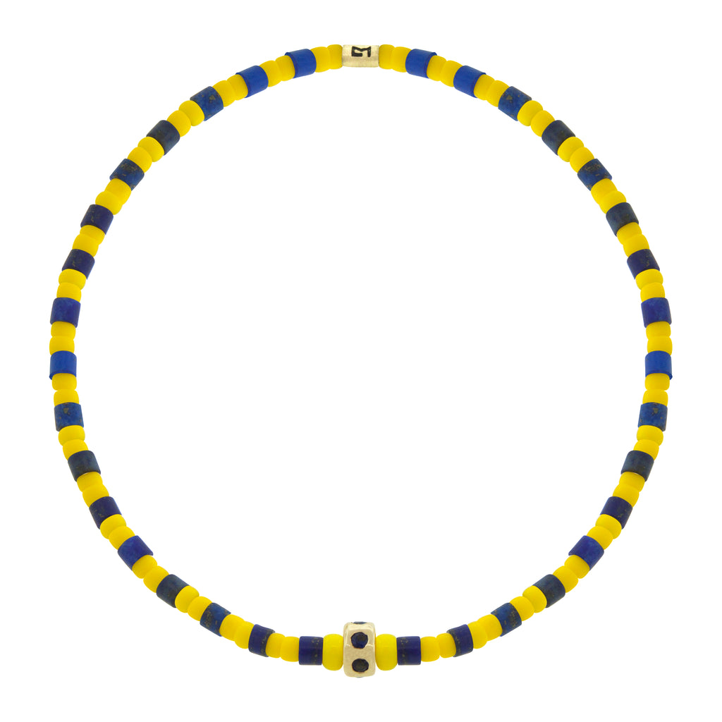 LUIS MORAIS 14K gold mini roundel bead with six blue sapphires on a gemstone and glass beaded bracelet.   