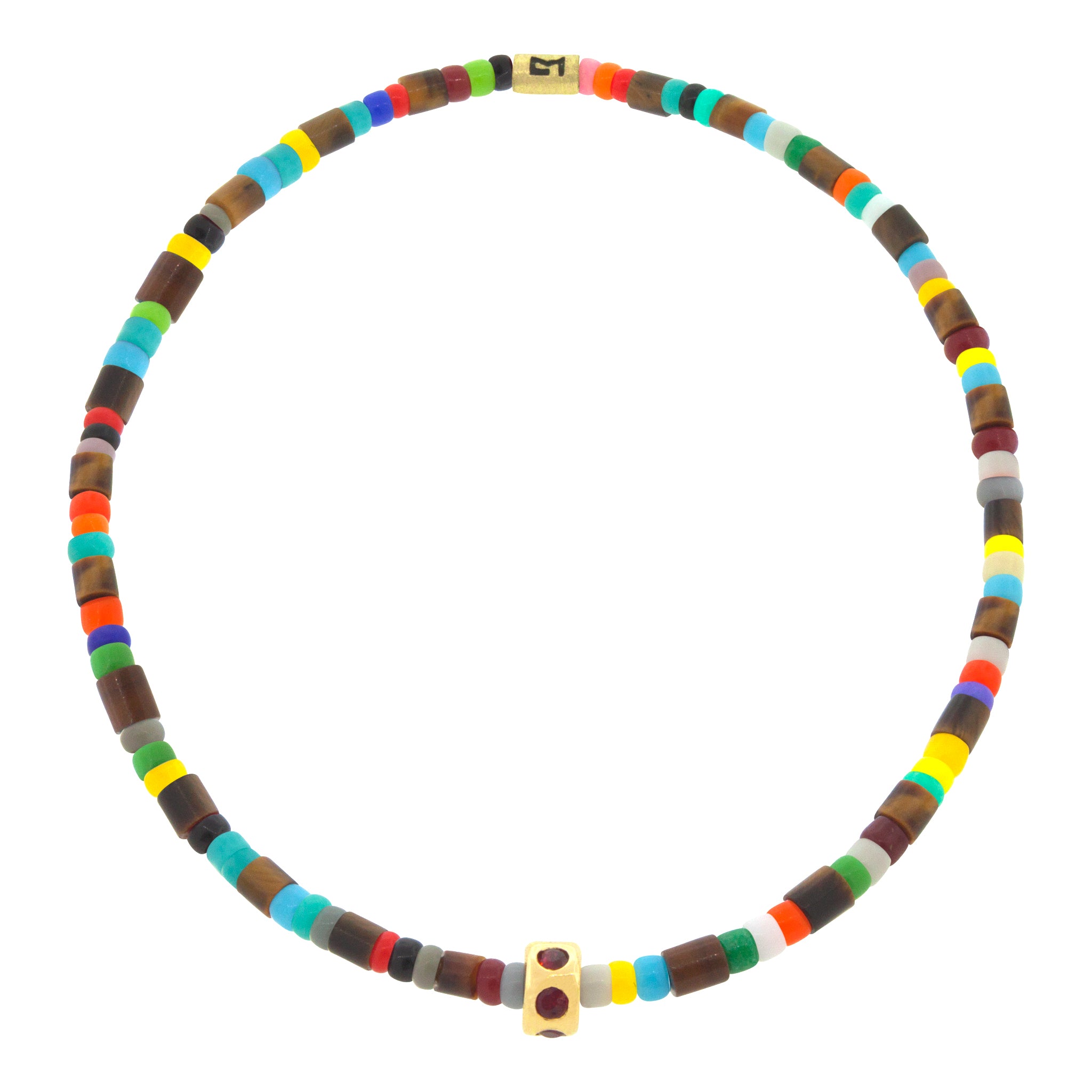 LUIS MORAIS 14K gold mini roundel bead with six rubies on a gemstone and glass beaded bracelet.