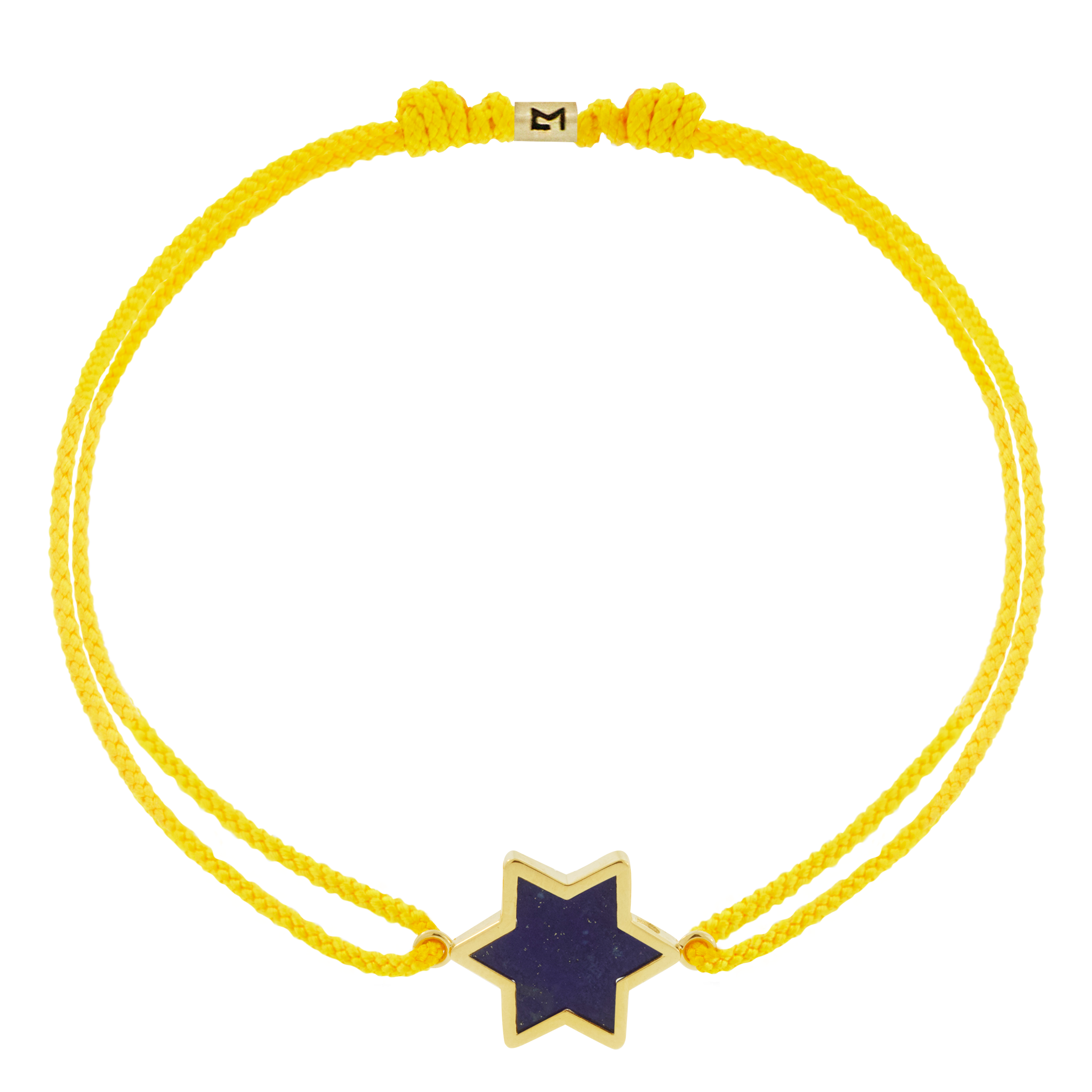 14k yellow gold framed gemstone star on a cord bracelet. Adjustable.