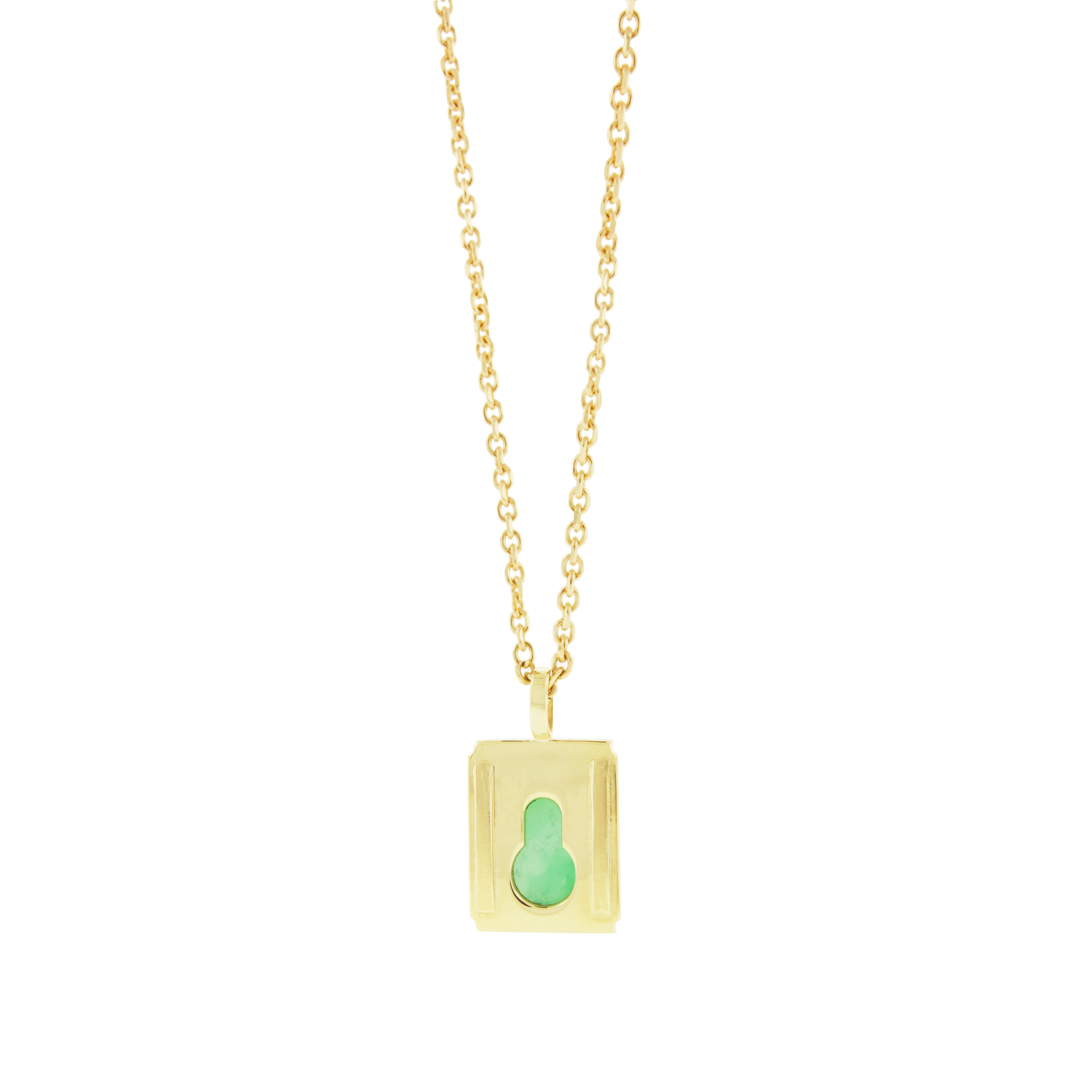 A 14k yellow gold pendant necklace with a polished finish featuring a lock shape and a chrysoprase gemstone backing. The necklace is displayed on a chain that is not included in the sale.