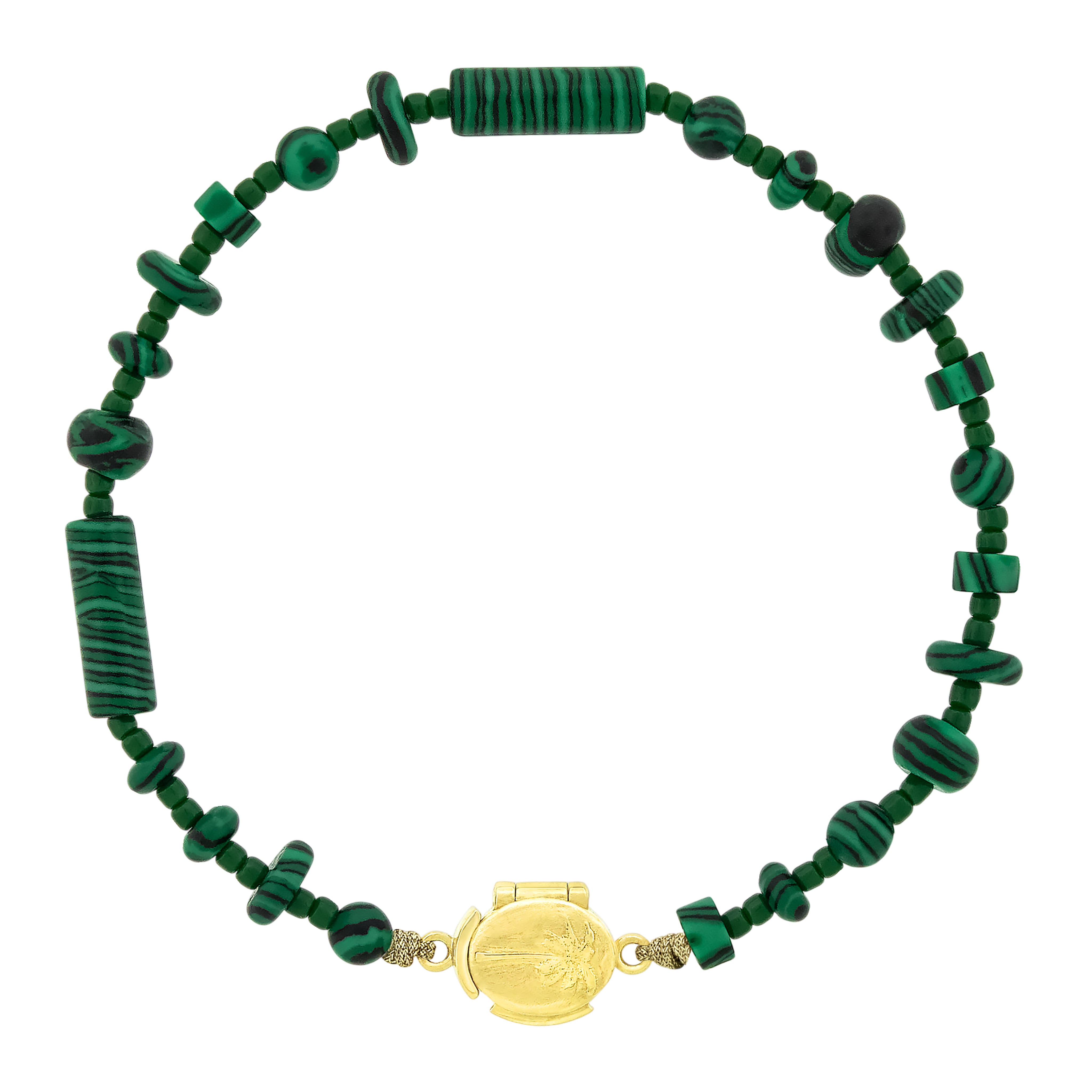 LUIS MORAIS 14K yellow gold clamshell clasp with a palm tree relief on a gemstone beaded bracelet.