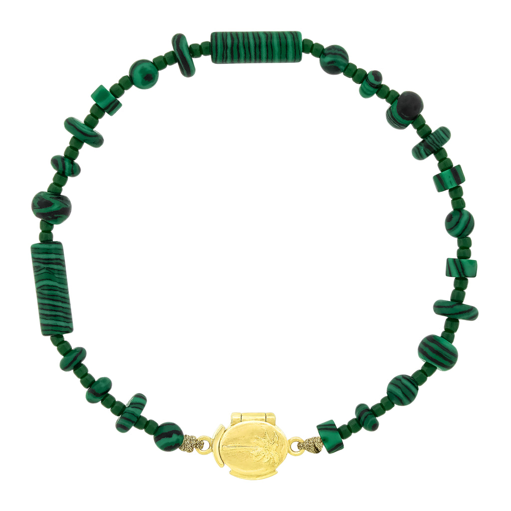 LUIS MORAIS 14K yellow gold clamshell clasp with a palm tree relief on a gemstone beaded bracelet.