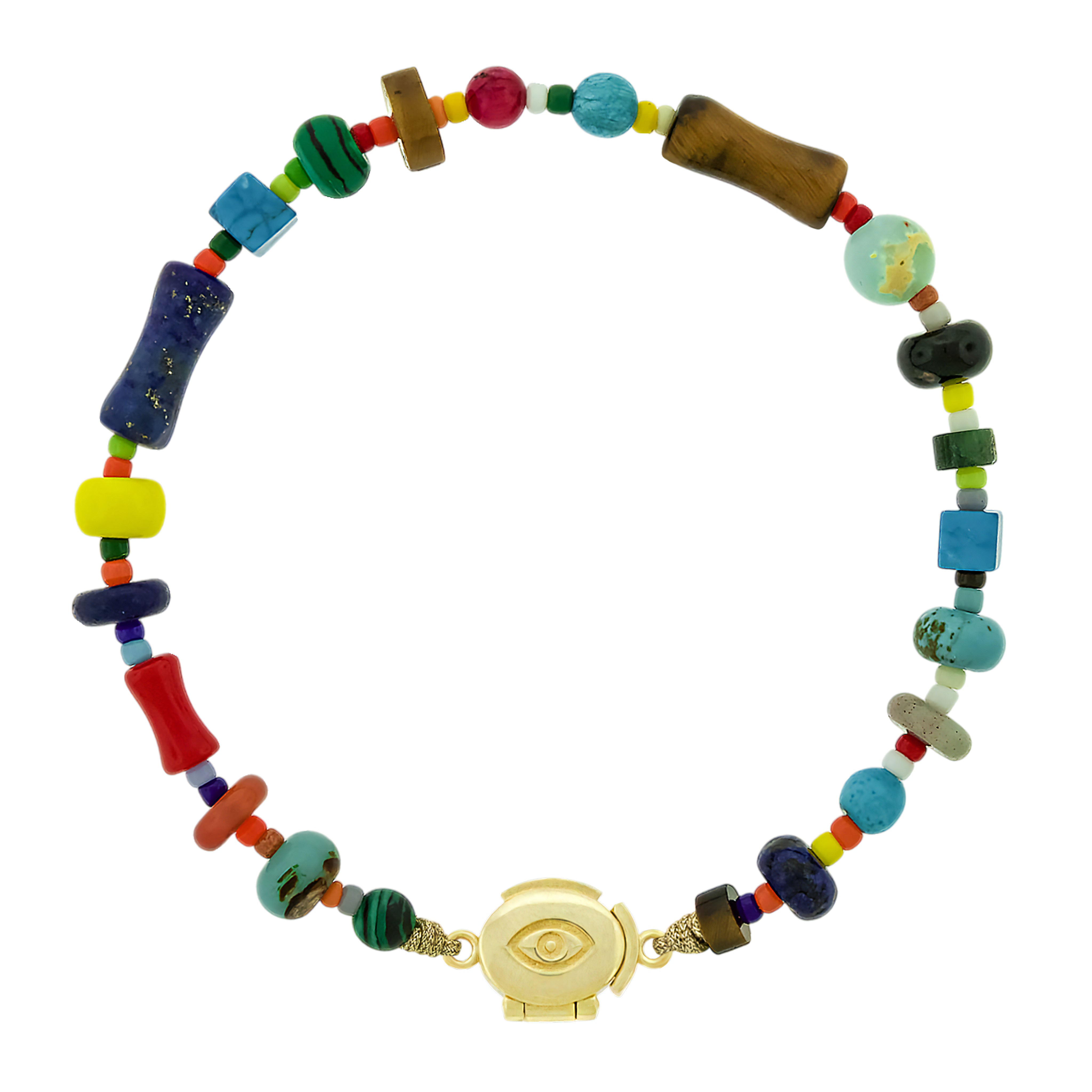 LUIS MORAIS 14K yellow gold clamshell clasp with a recessed eye symbol on a gemstone beaded bracelet.