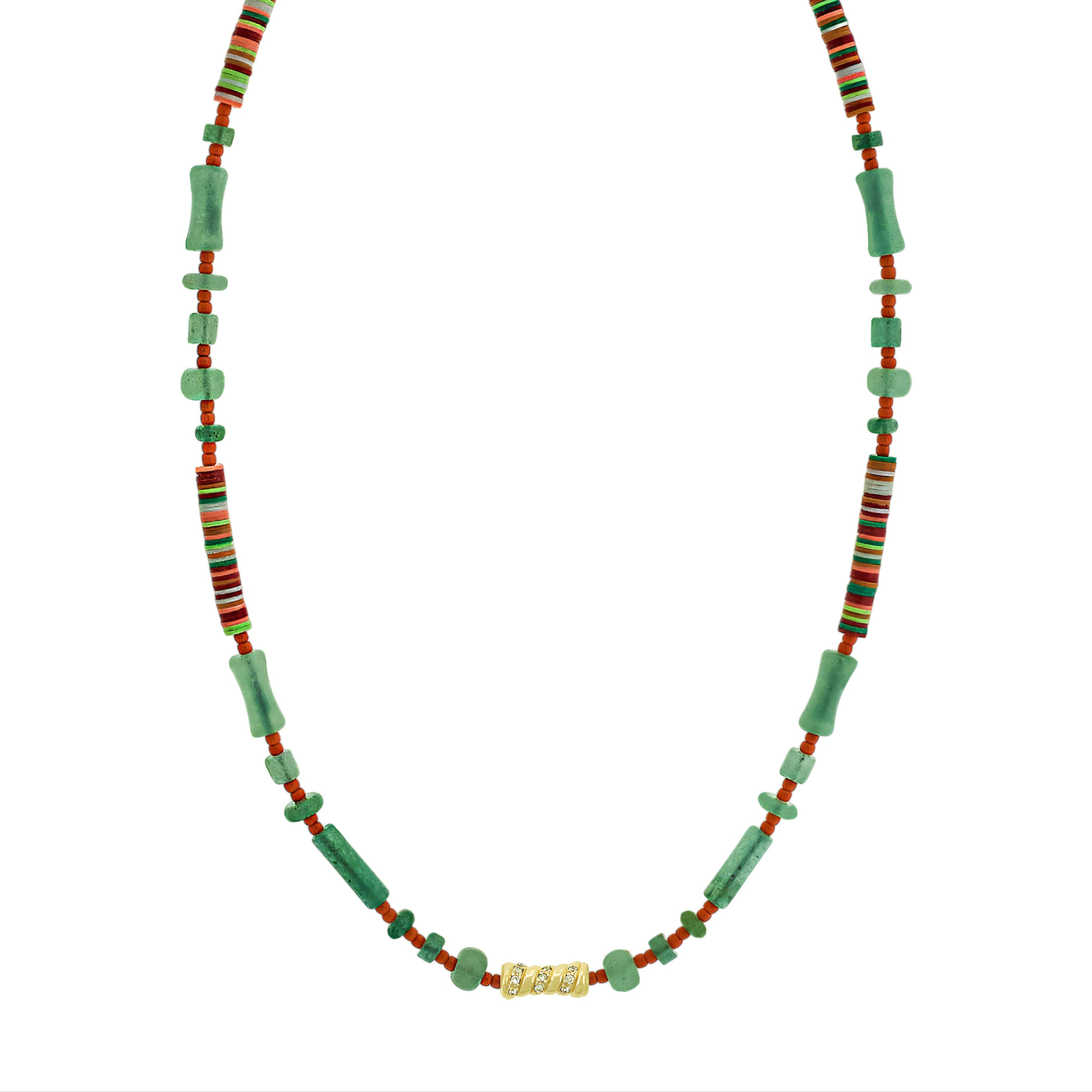 Necklace with green and multicolored beads on a white background