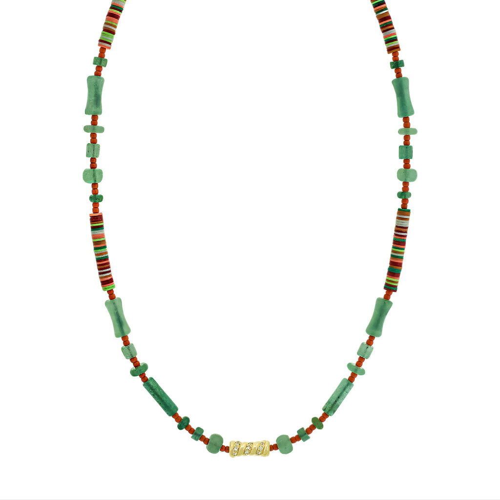 Necklace with green and multicolored beads on a white background