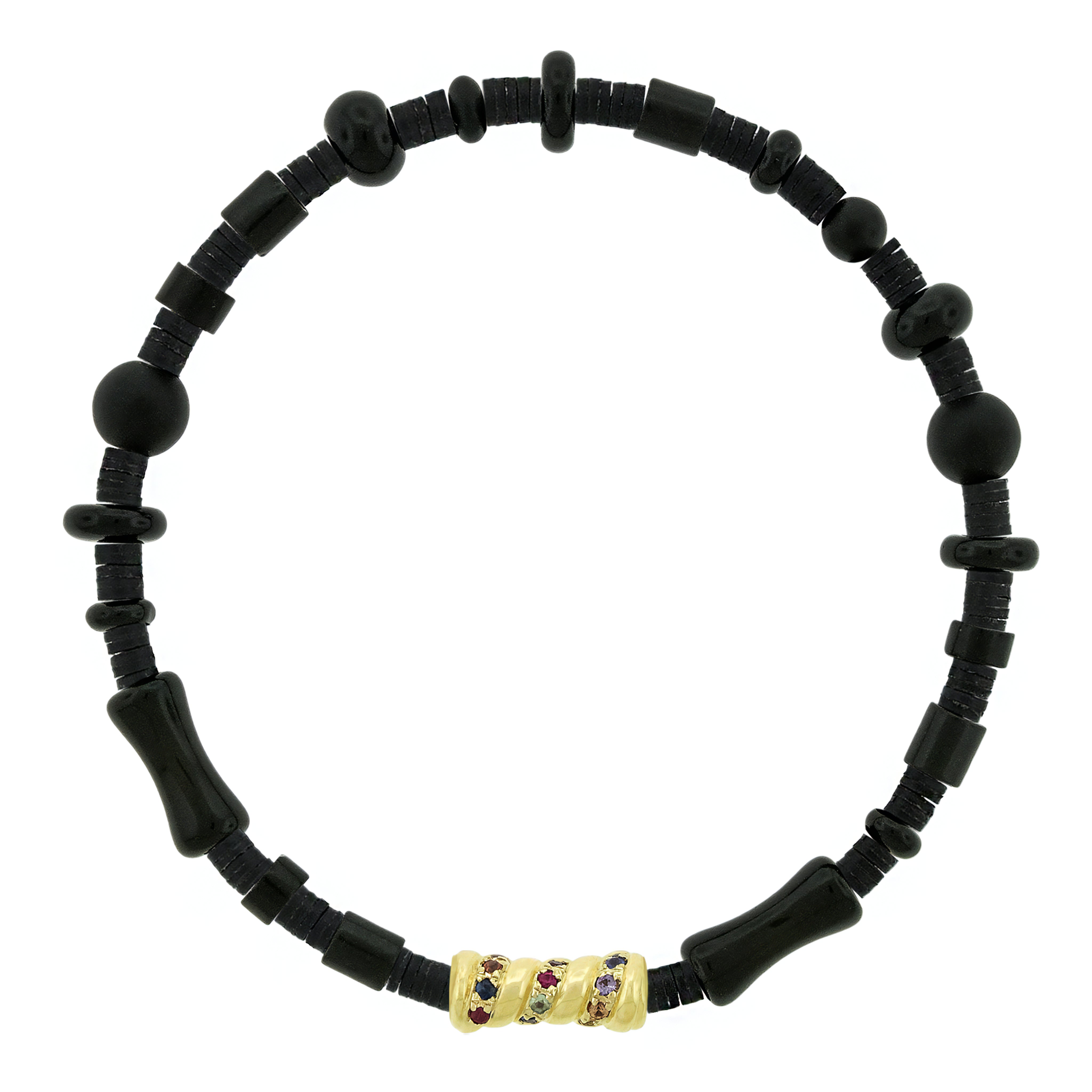 Black beaded bracelet with a gold clasp featuring red and purple stones on a white background