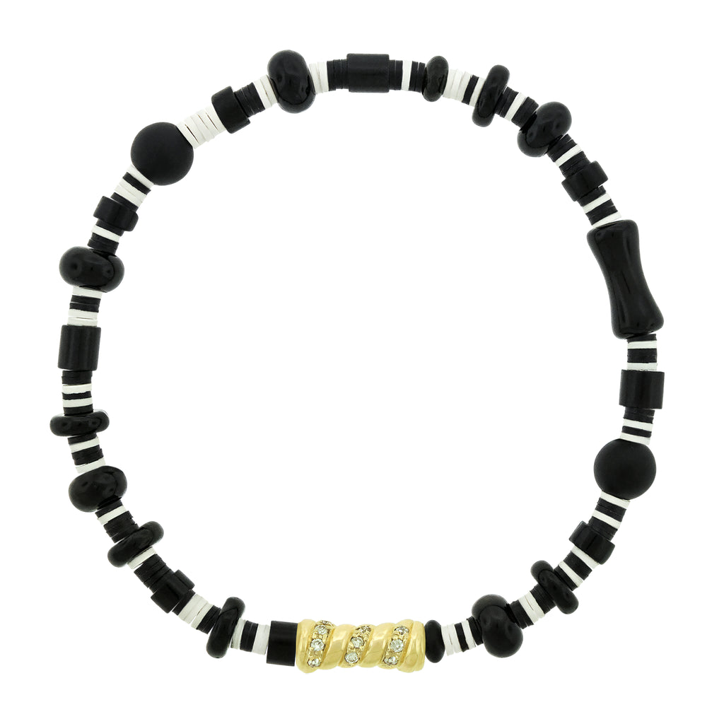 LUIS MORAIS 14k yellow gold swirl bamboo bead with white diamonds on a gemstone and vinyl bead bracelet.