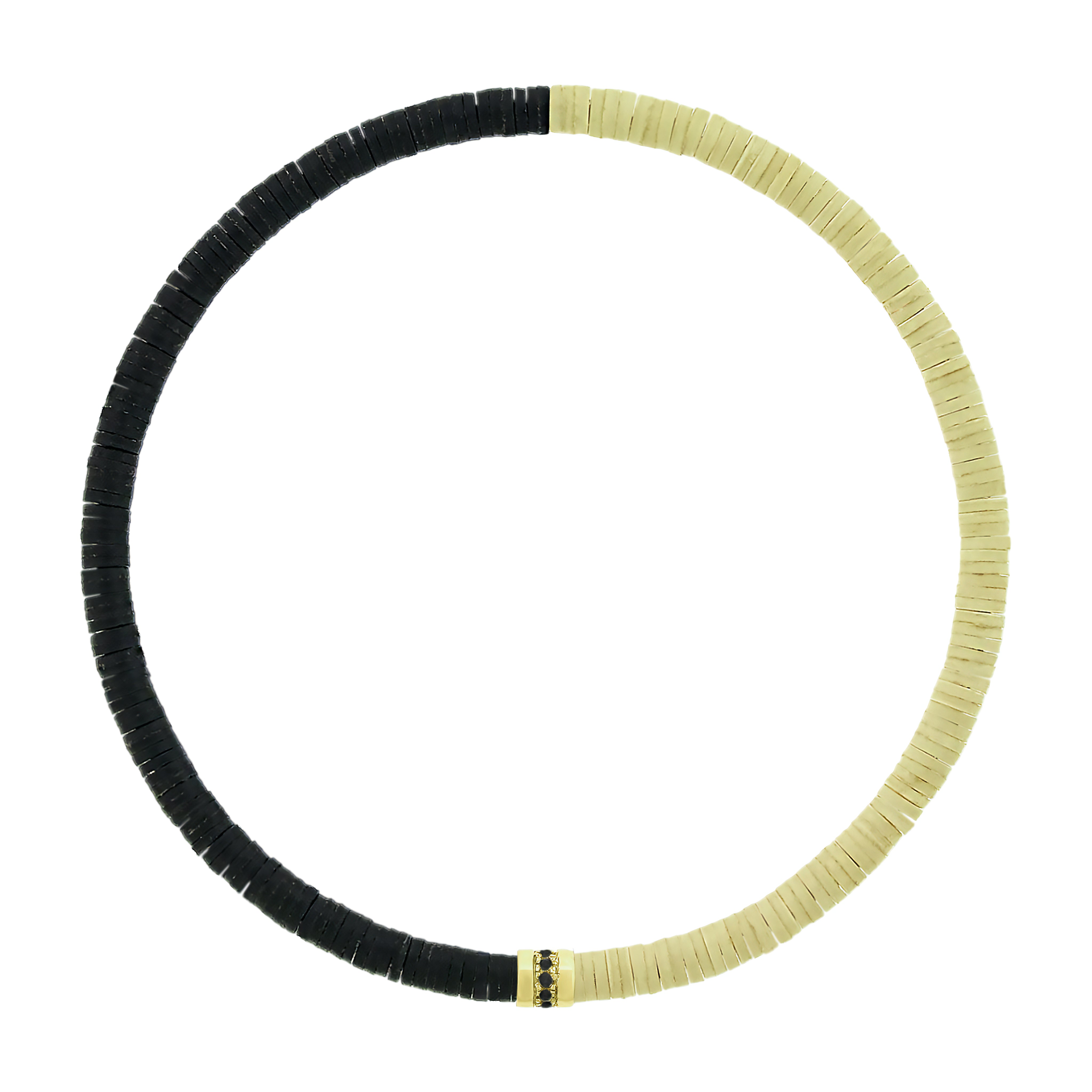LUIS MORAIS 14K yellow gold short roll with a line of round black diamonds on a vinyl beaded bracelet. A versatile piece that pairs easily with other styles and is ideal for adding to your stack.