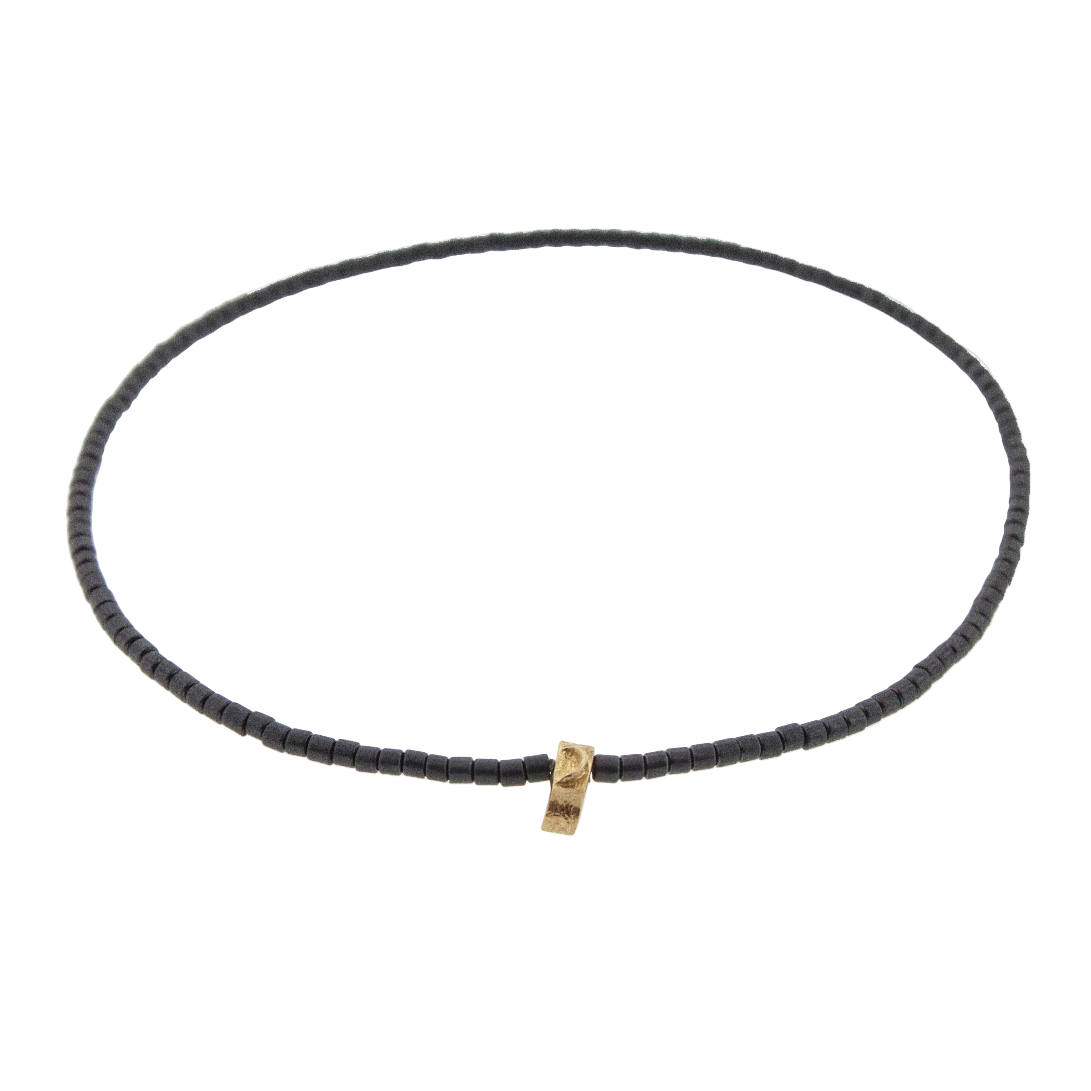 Small 14k Yellow Gold Moon Tag on Hematite Beaded Bracelet.