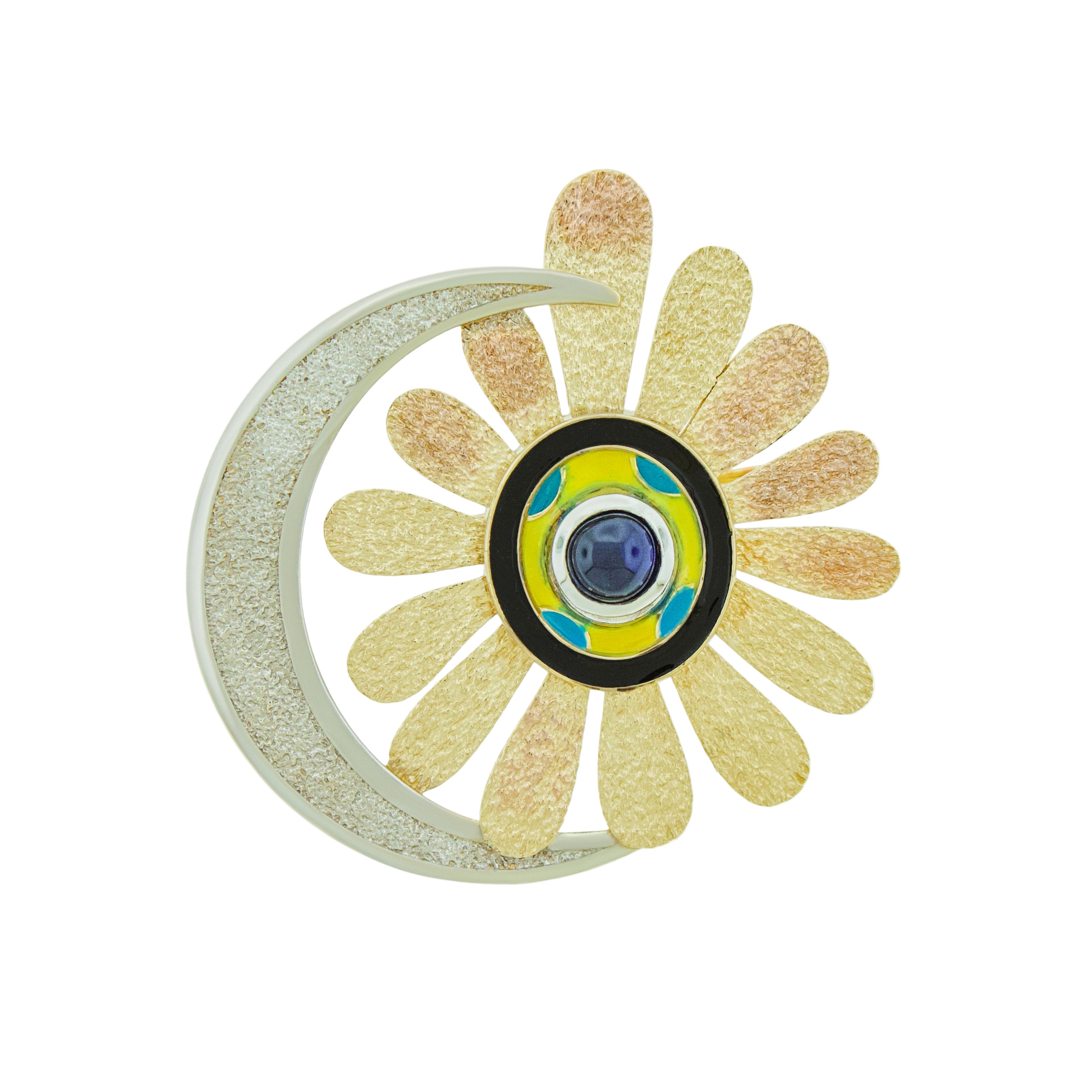 From the limited series of ten, this striking brooch captures the playful surrealism of Pepe Mar and the bold artistry of Luis Morais. Designed in 14K yellow and white gold with rhodium and rose gold plating, the piece features a radiant flower and crescent moon motif. Vivid enamel accents surround a deep blue sapphire cabochon at the center, creating a hypnotic focal point that blends color, texture, and light in perfect harmony.

Each brooch in the edition is individually numbered and available exclusivel