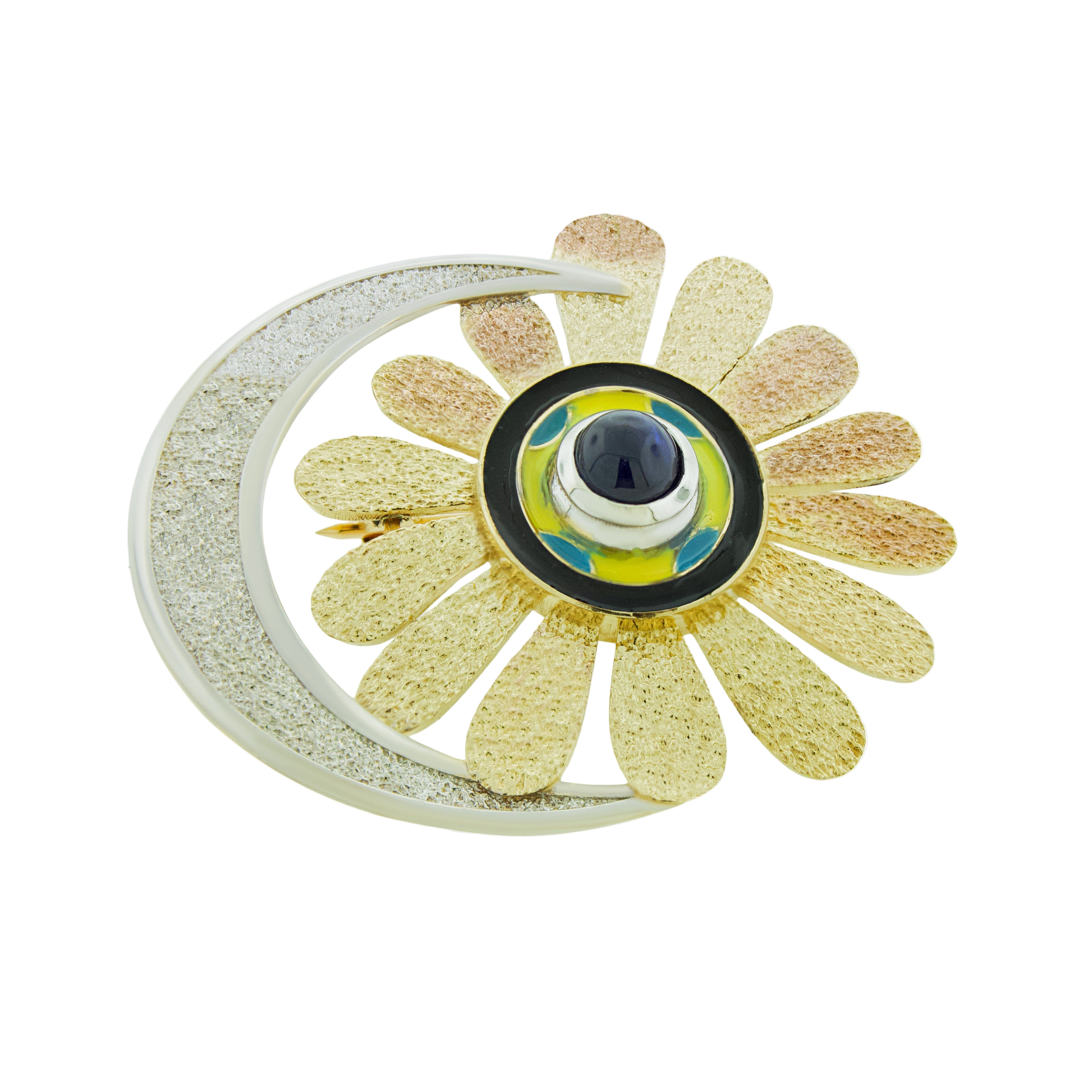 Flower-shaped object with a central blue gem on a white background