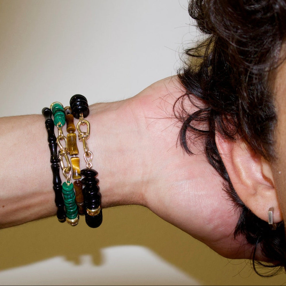 Onyx Bead Bracelet with Wire Clasp & Sapphire Roundels