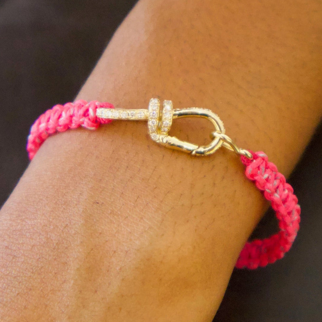 White Diamond Wire Clasp on Pink Macrame Bracelet