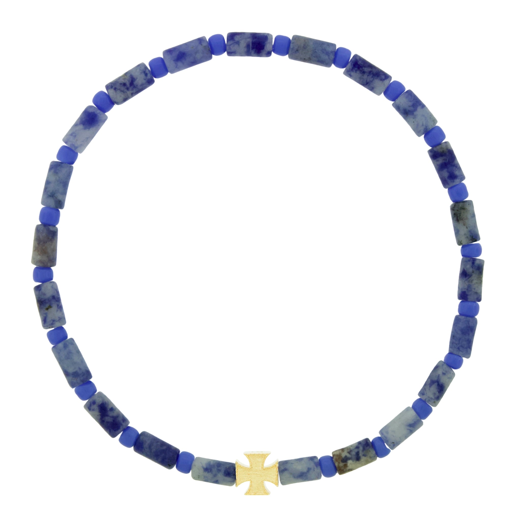 LUIS MORAIS 14k yellow gold Maltese cross on a gemstone and glass bead bracelet.