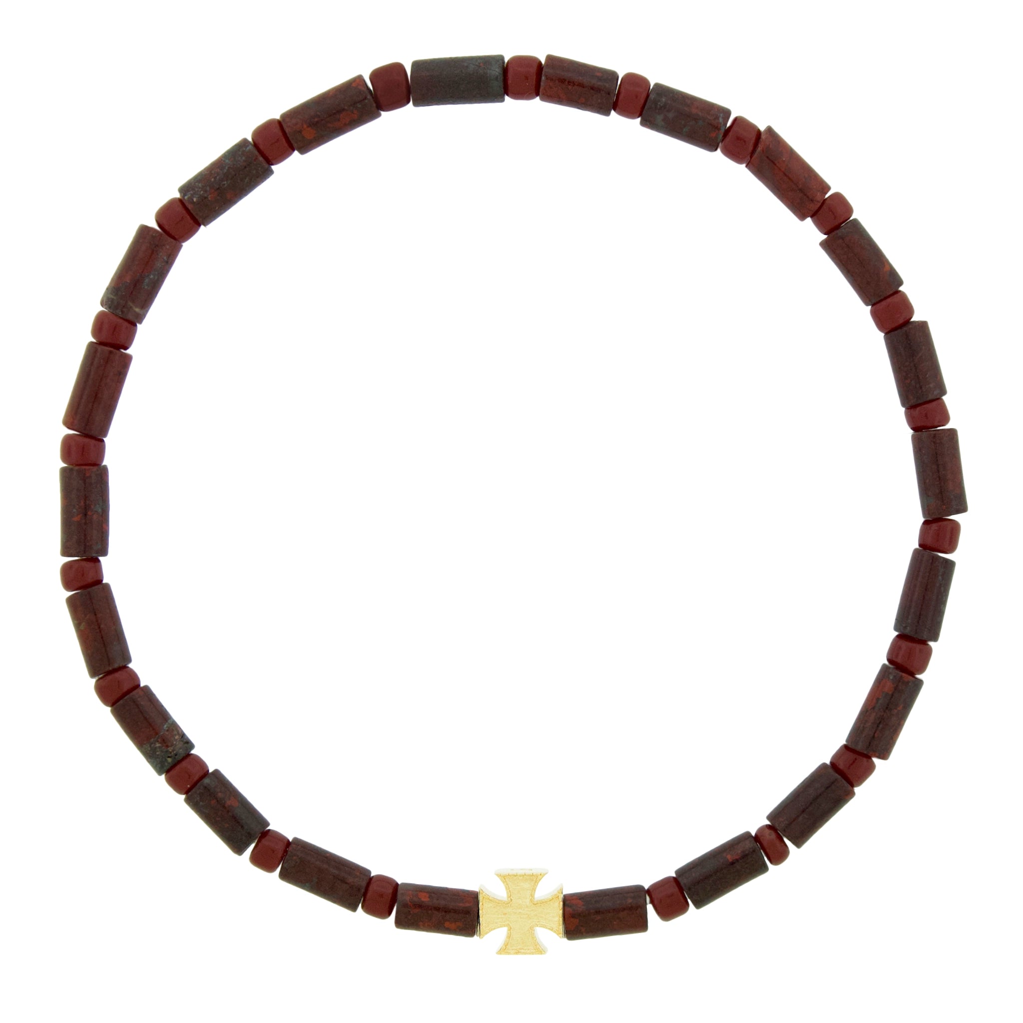 LUIS MORAIS 14k yellow gold Maltese cross on a gemstone and glass bead bracelet.