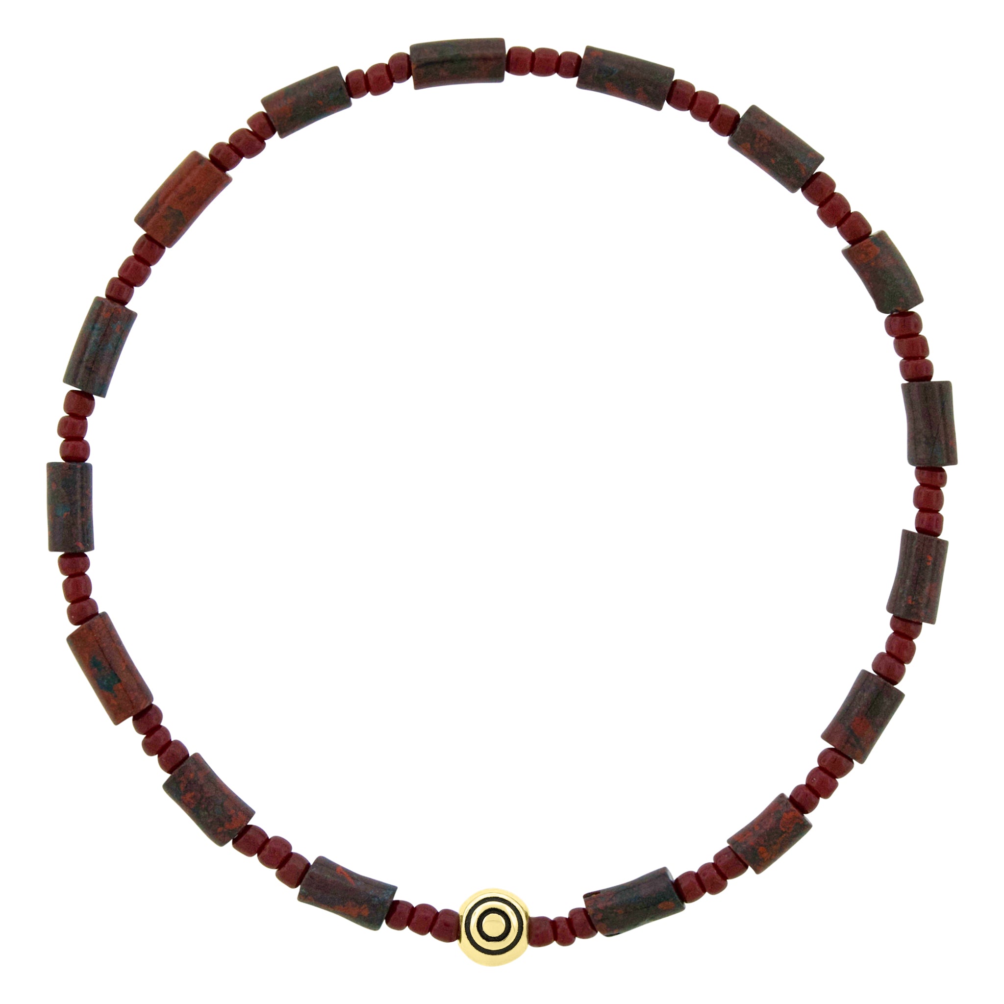 LUIS MORAIS 14k yellow gold ball with an antiqued symbol on a gemstone and glass beaded bracelet.
