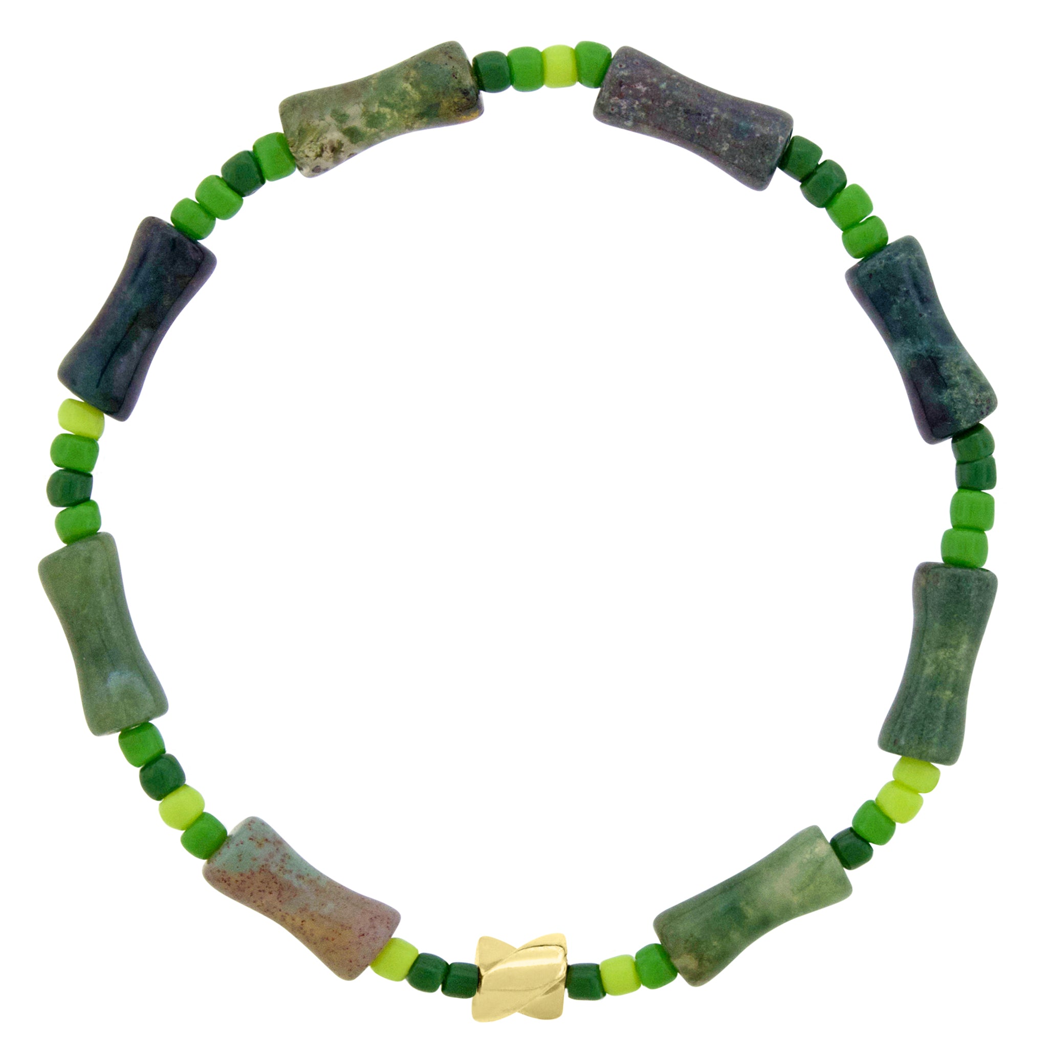 LUIS MORAIS 14k yellow gold small short drill on a gemstone and glass beaded bracelet.