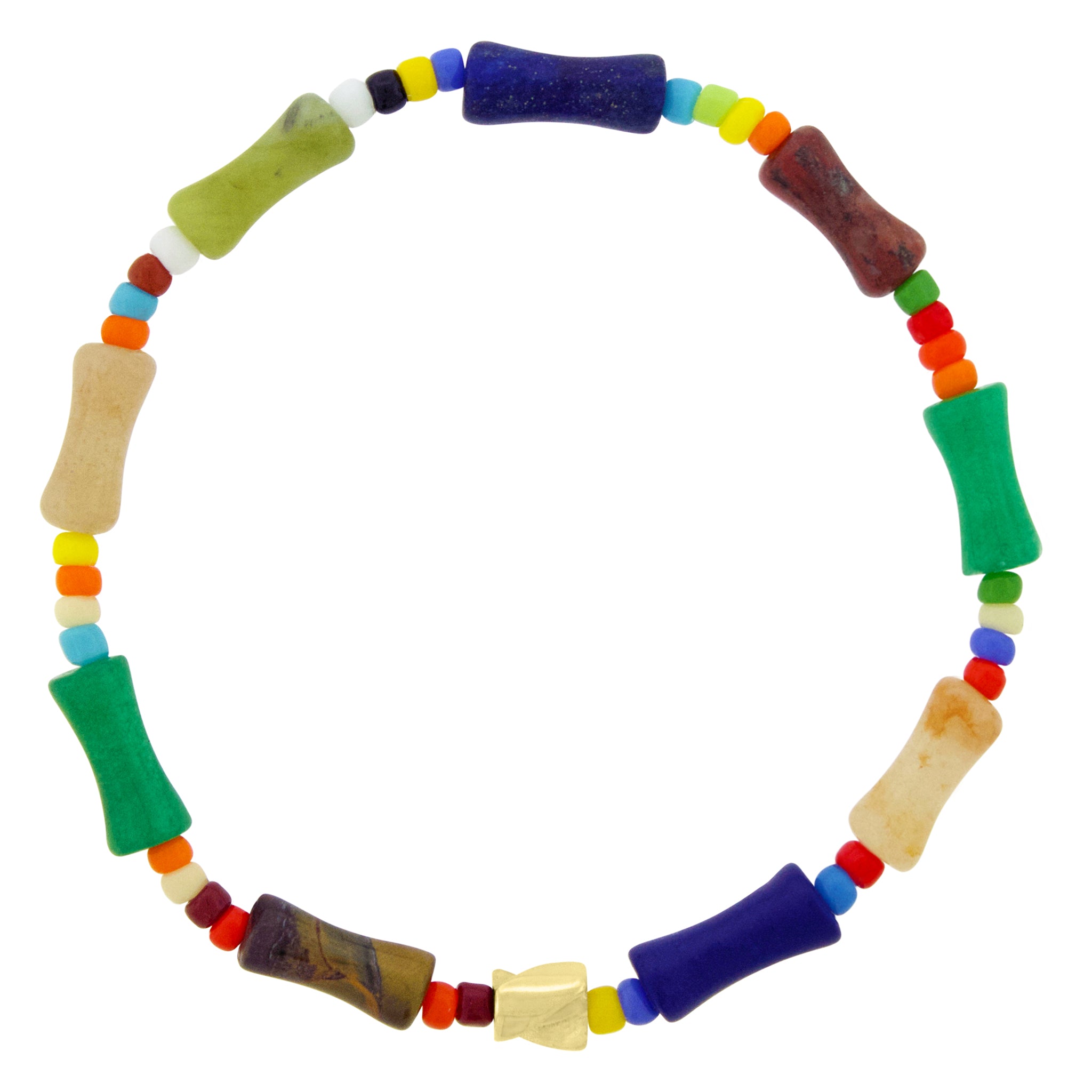 LUIS MORAIS 14k yellow gold small short drill on a gemstone and glass beaded bracelet.