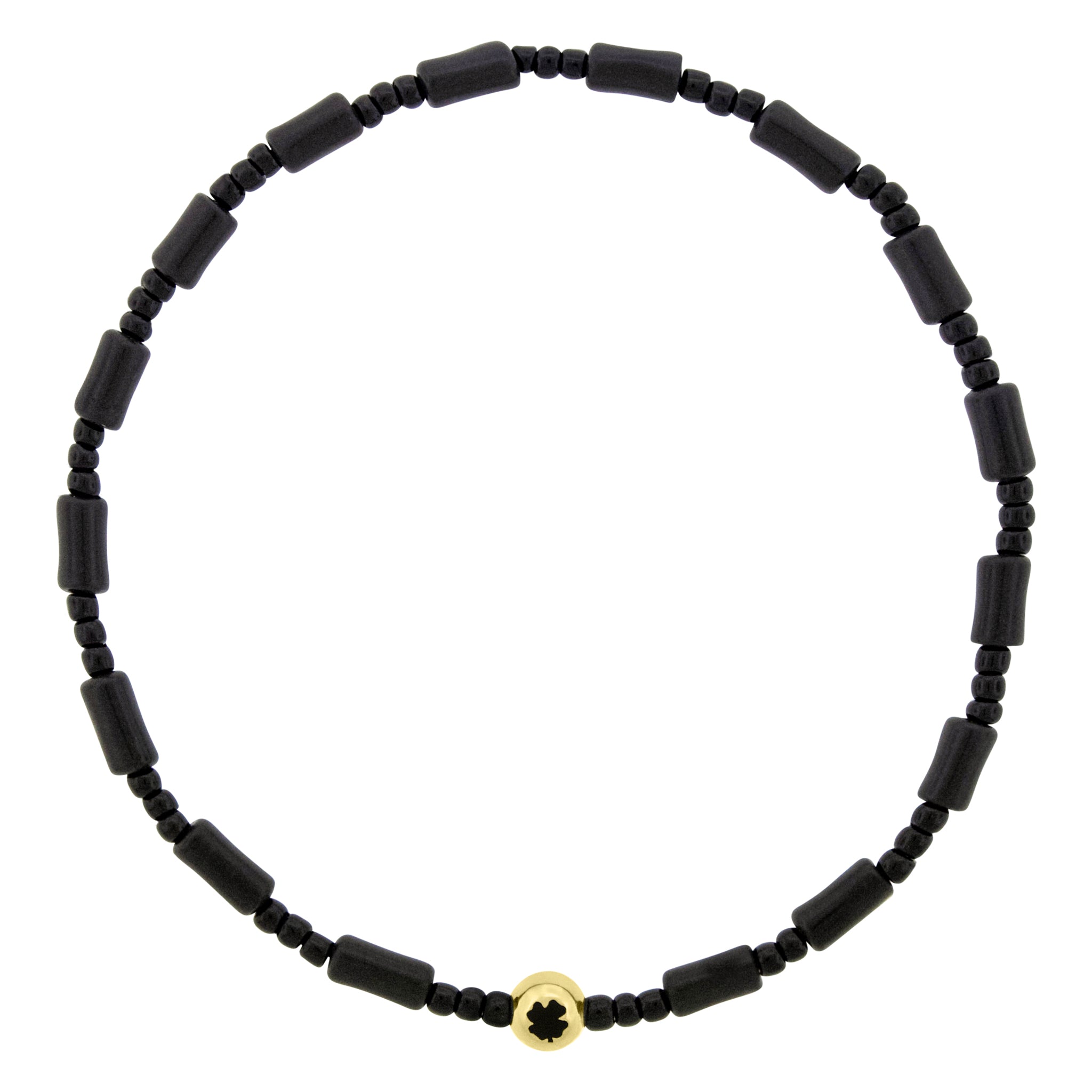 LUIS MORAIS 14k yellow gold ball with an antiqued symbol on a gemstone and glass beaded bracelet.
