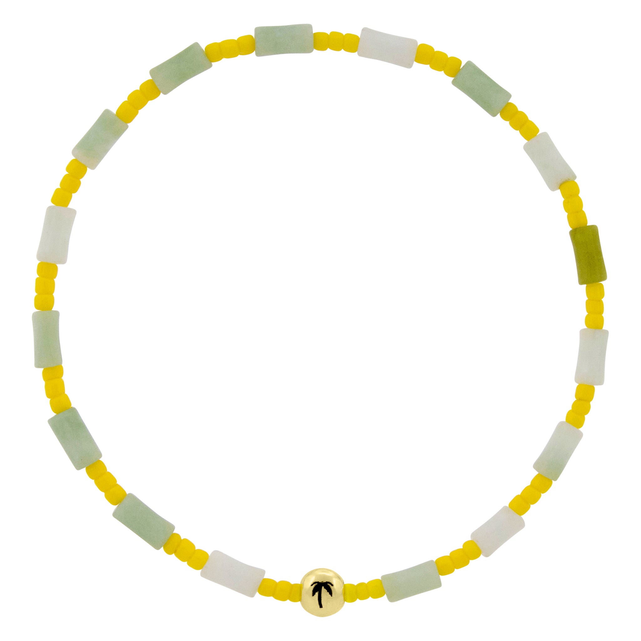 LUIS MORAIS 14k yellow gold ball with an antiqued symbol on a gemstone and glass beaded bracelet.