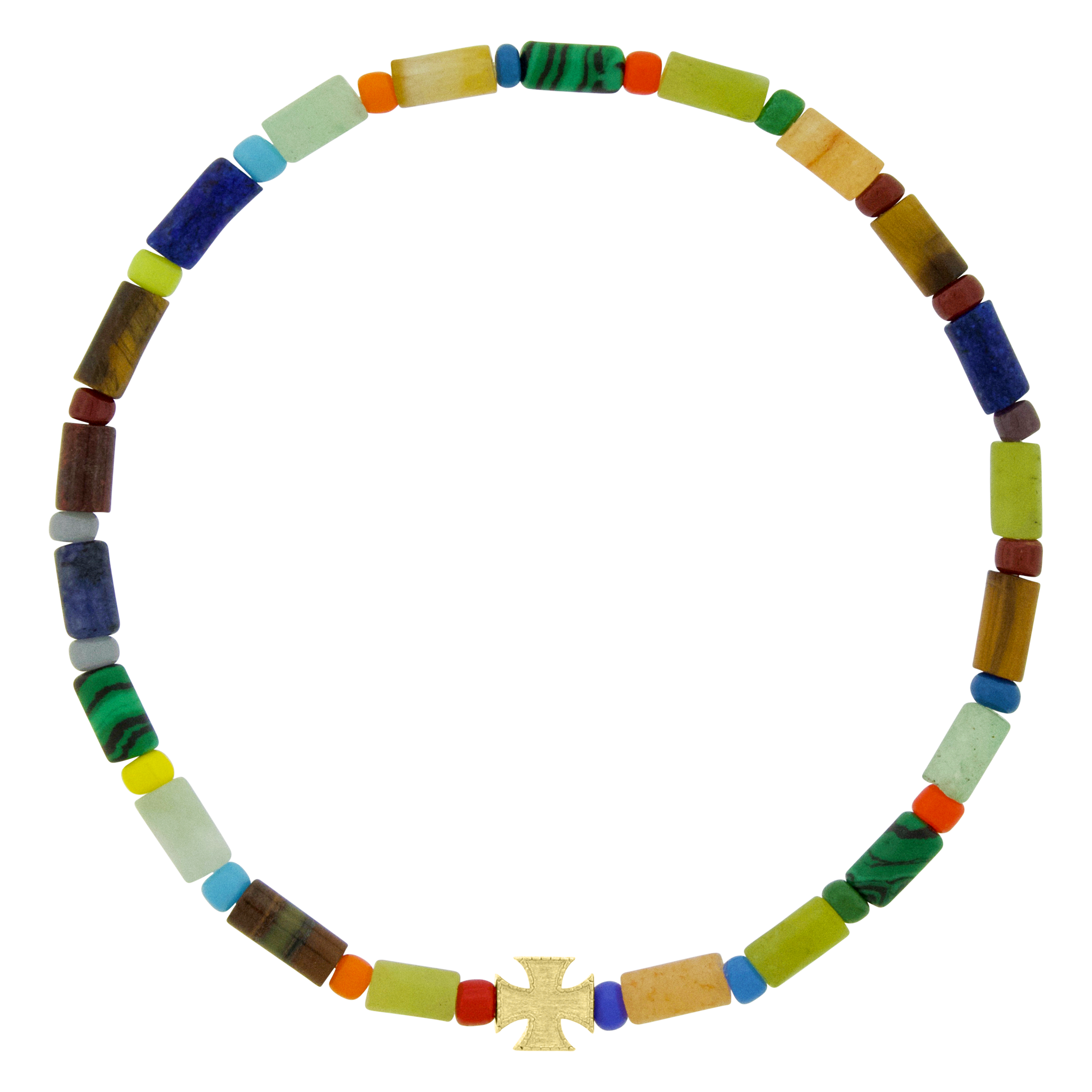 LUIS MORAIS 14k yellow gold Maltese cross on a gemstone and glass bead bracelet.
