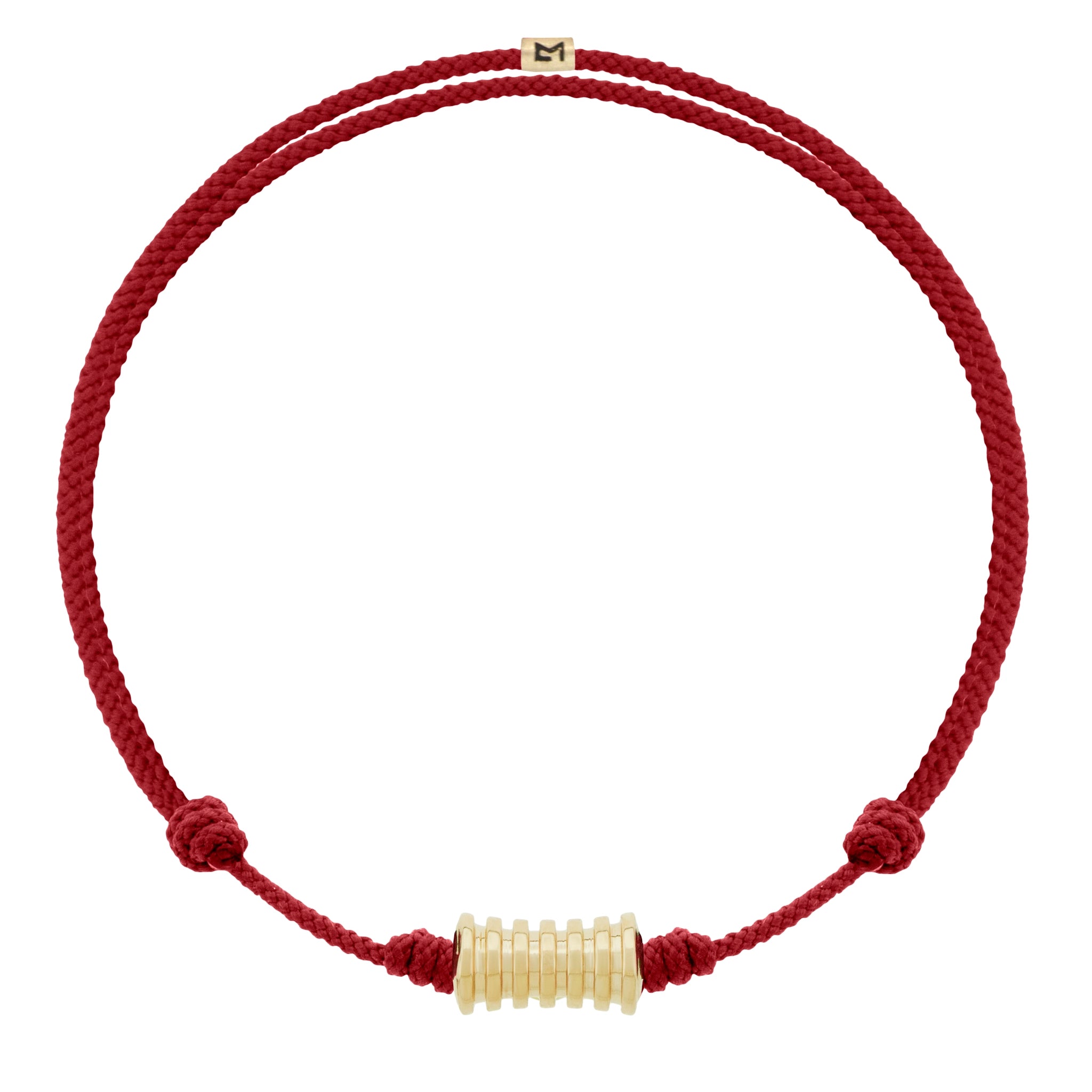 LUIS MORAIS 14k yellow gold bolt screw on a red cord bracelet.