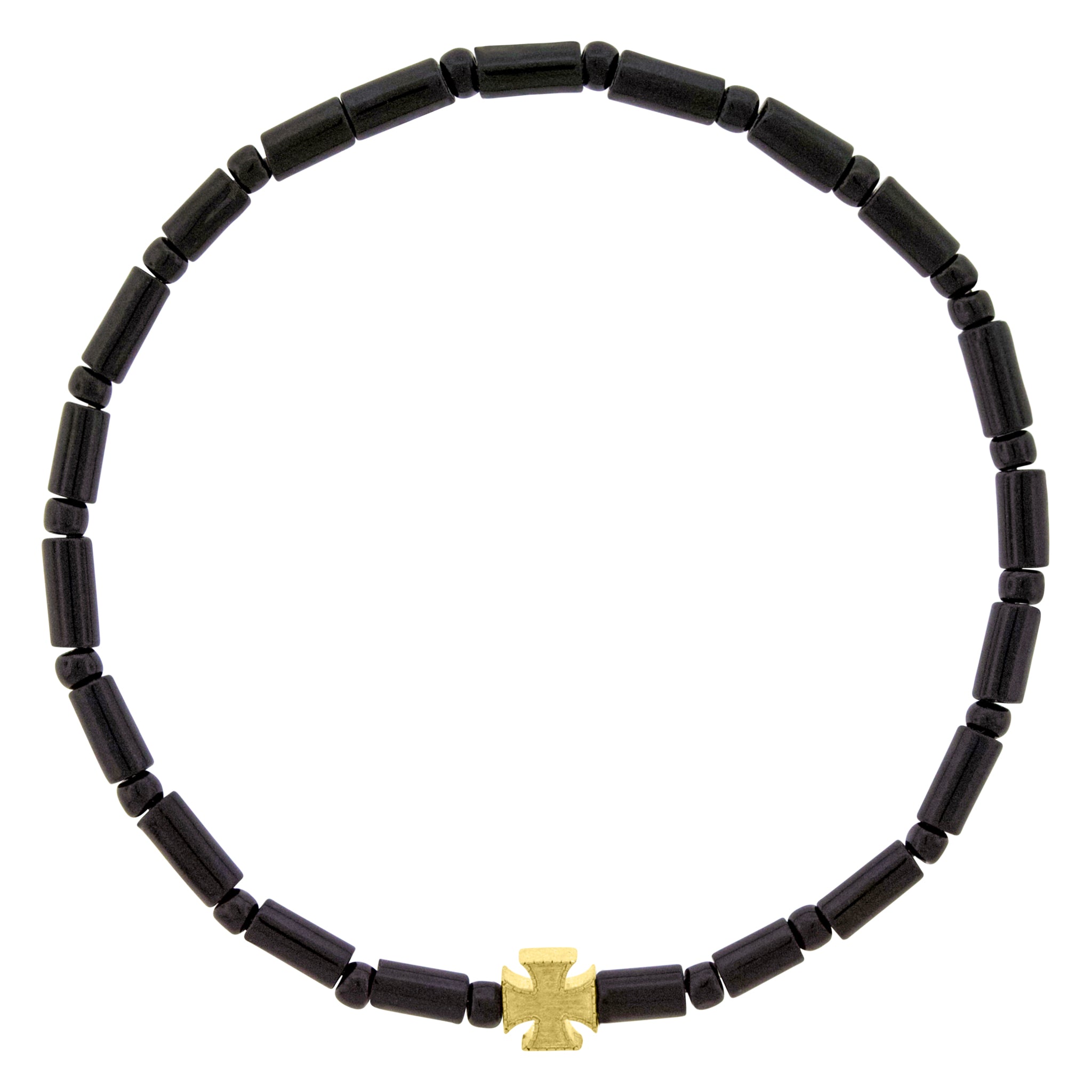 LUIS MORAIS 14k yellow gold Maltese cross on a gemstone and glass bead bracelet.