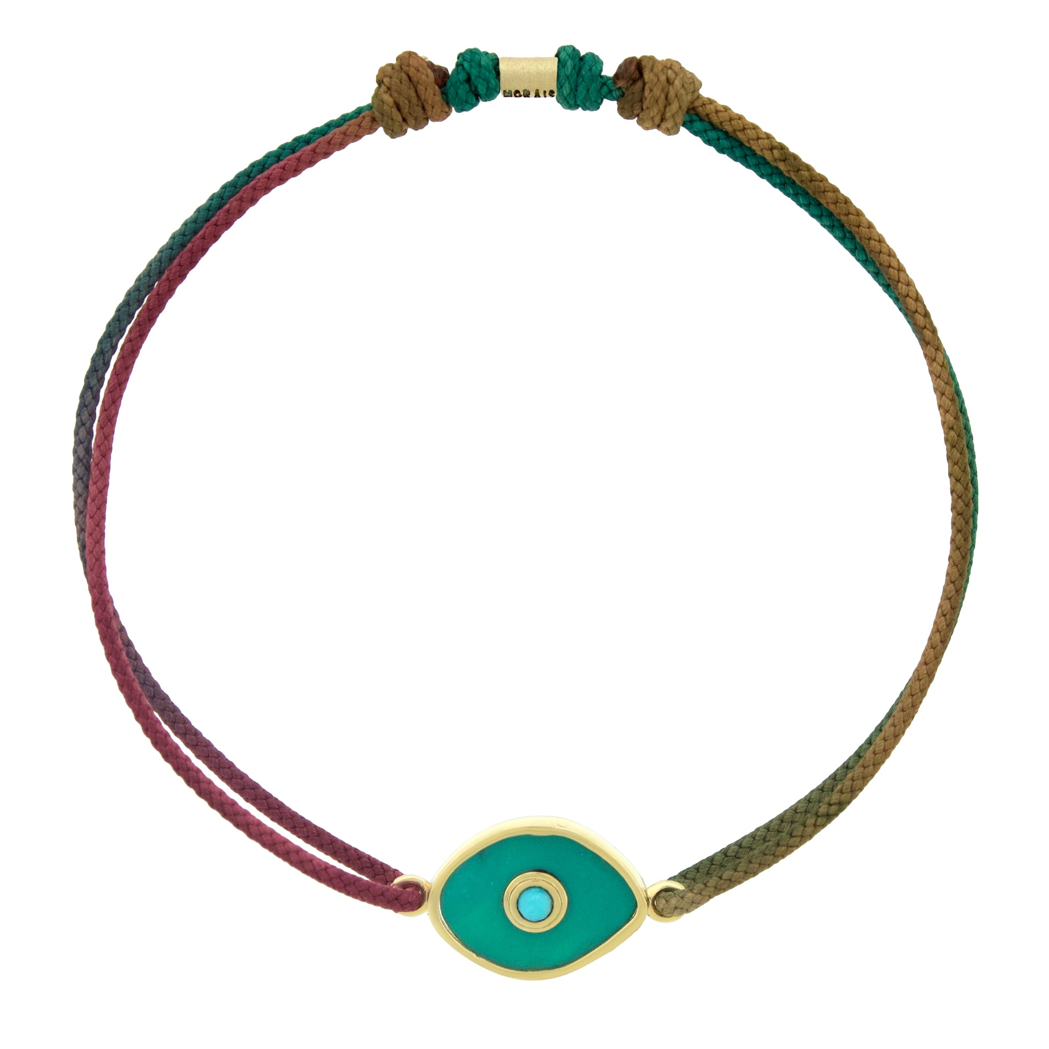 LUIS MORAIS 14k yellow gold framed gemstone eye with a turquoise cabochon center on an adjustable cord bracelet.