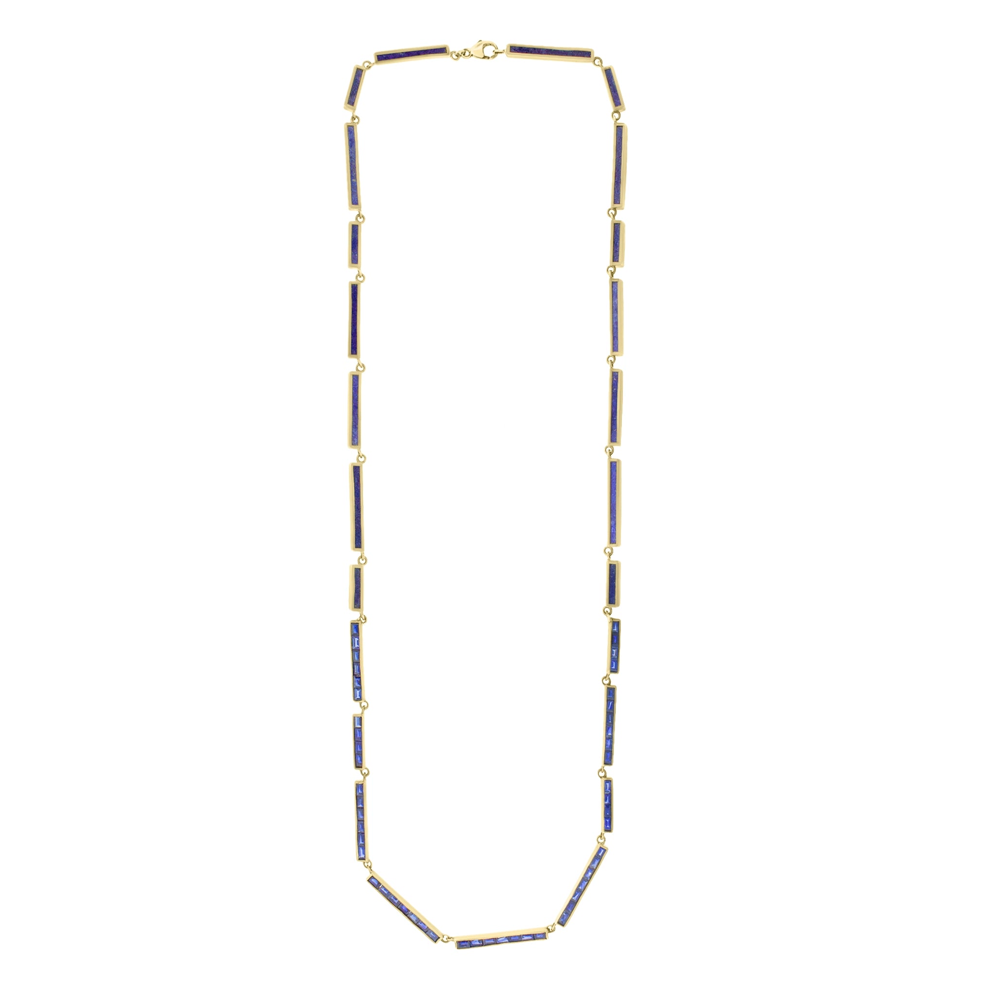 Blue Sapphire and Lapis Lazuli Rectangular Bronze/Sterling Silver Bar Link Necklace