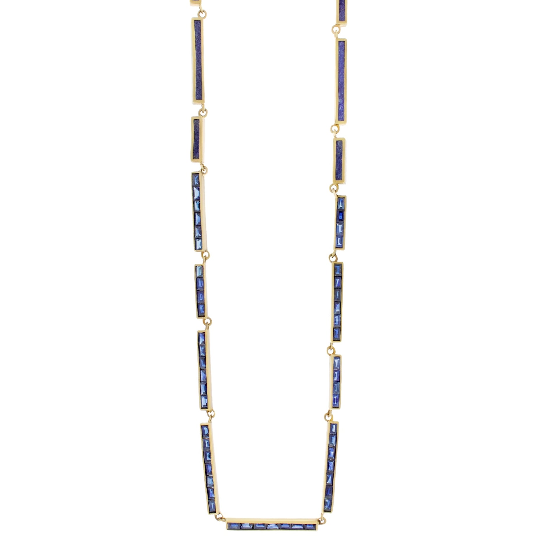 LUIS MORAIS bronze or sterling silver bar necklace with blue sapphire baguettes and lapis lazuli gemstones. Lobster clasp closure.