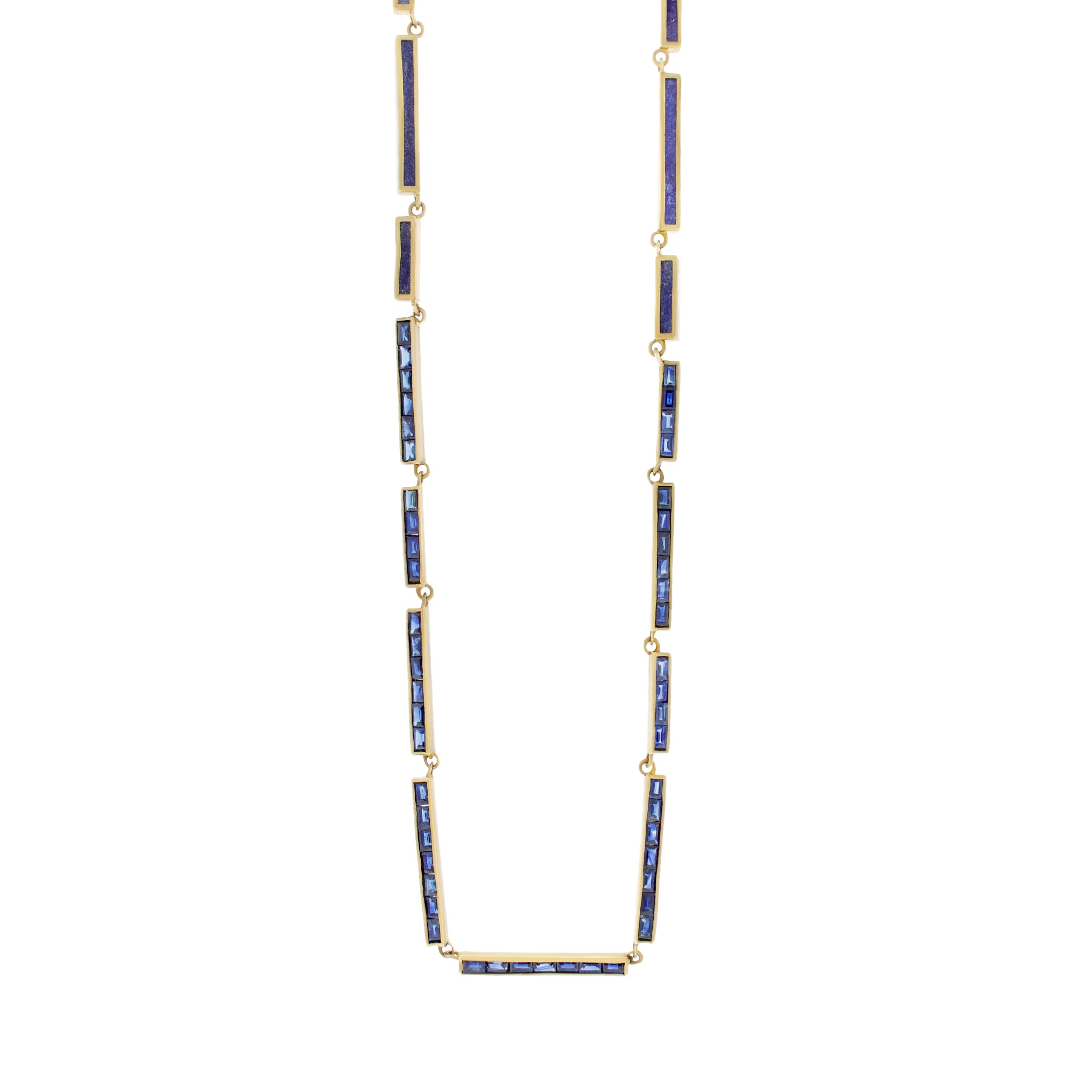 Blue Sapphire and Lapis Lazuli Rectangular Bronze/Sterling Silver Bar Link Necklace