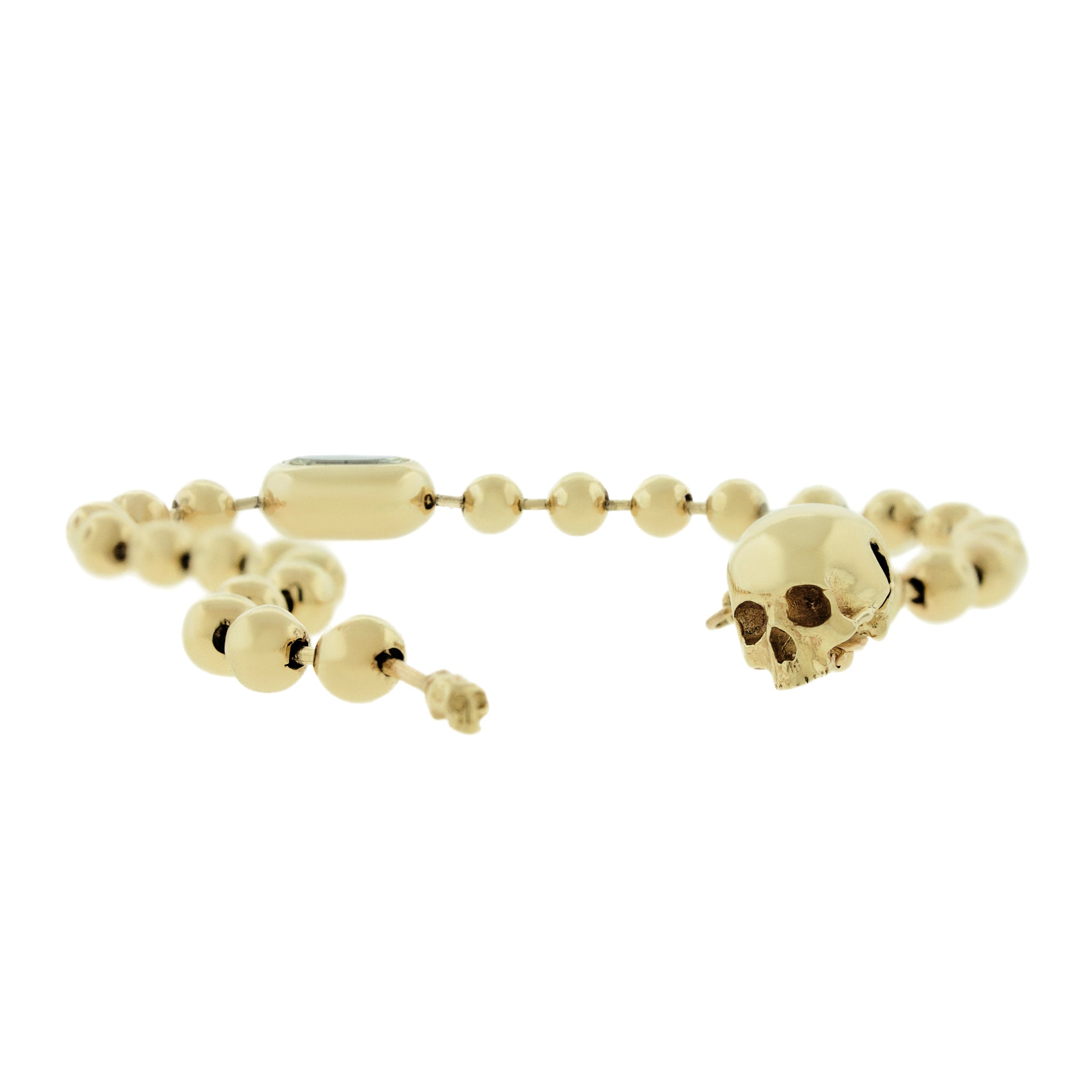 Gold Ball Chain Bracelet with Step Cut Diamond & Skull Clasp