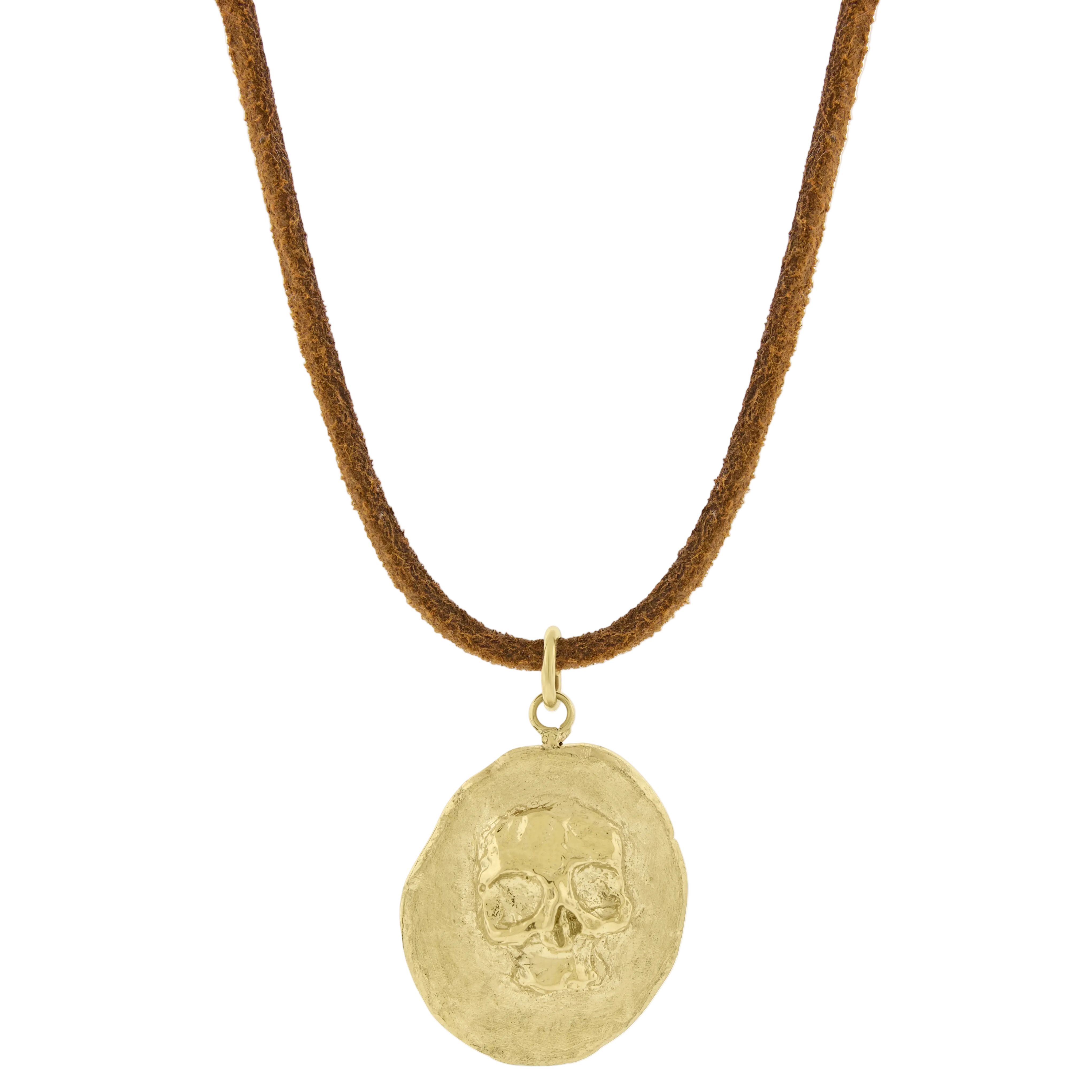 LUIS MORAIS Gold skull pendant on a brown cord against a white background