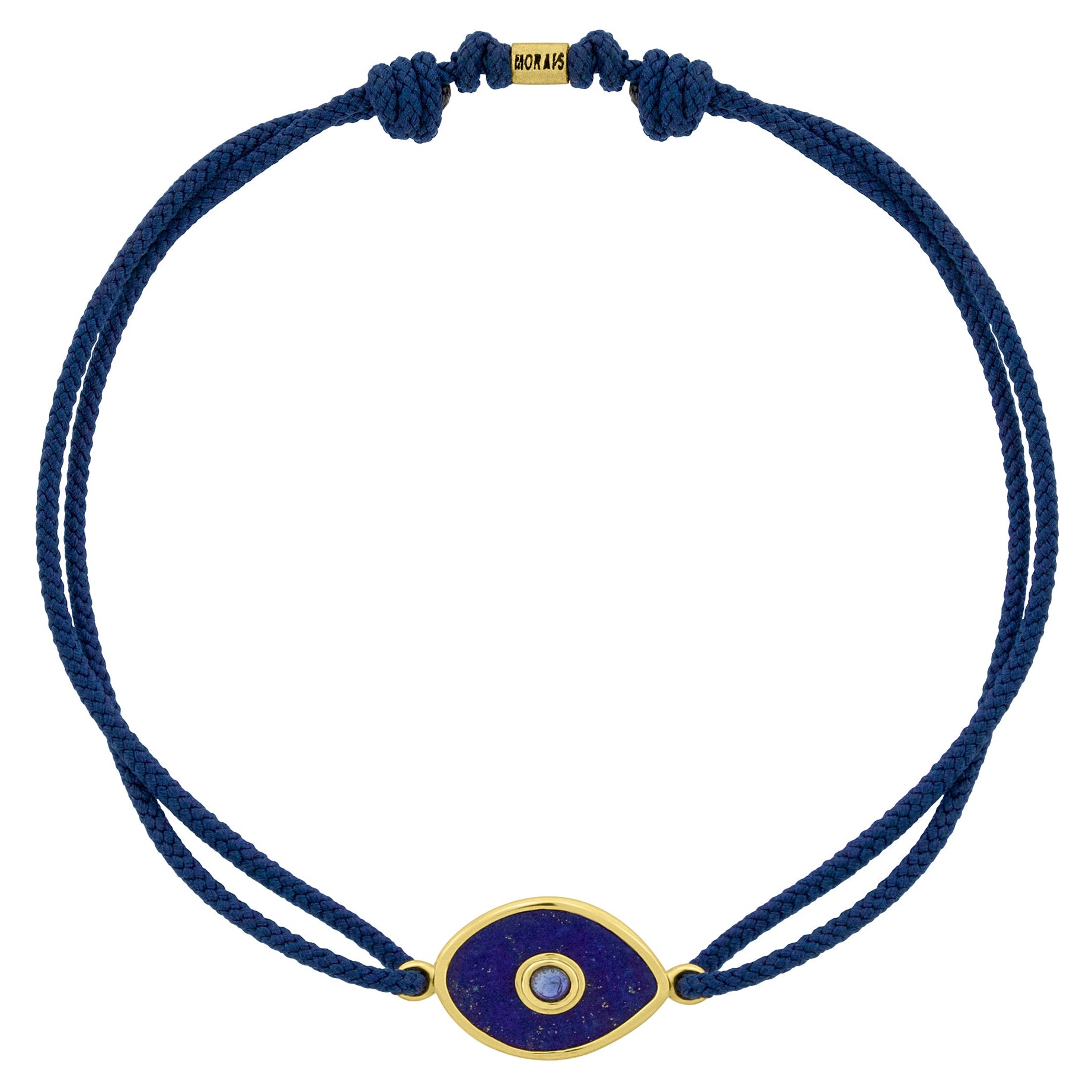 LUIS MORAIS 14k yellow gold framed gemstone eye with a blue sapphire cabochon center on an adjustable cord bracelet.