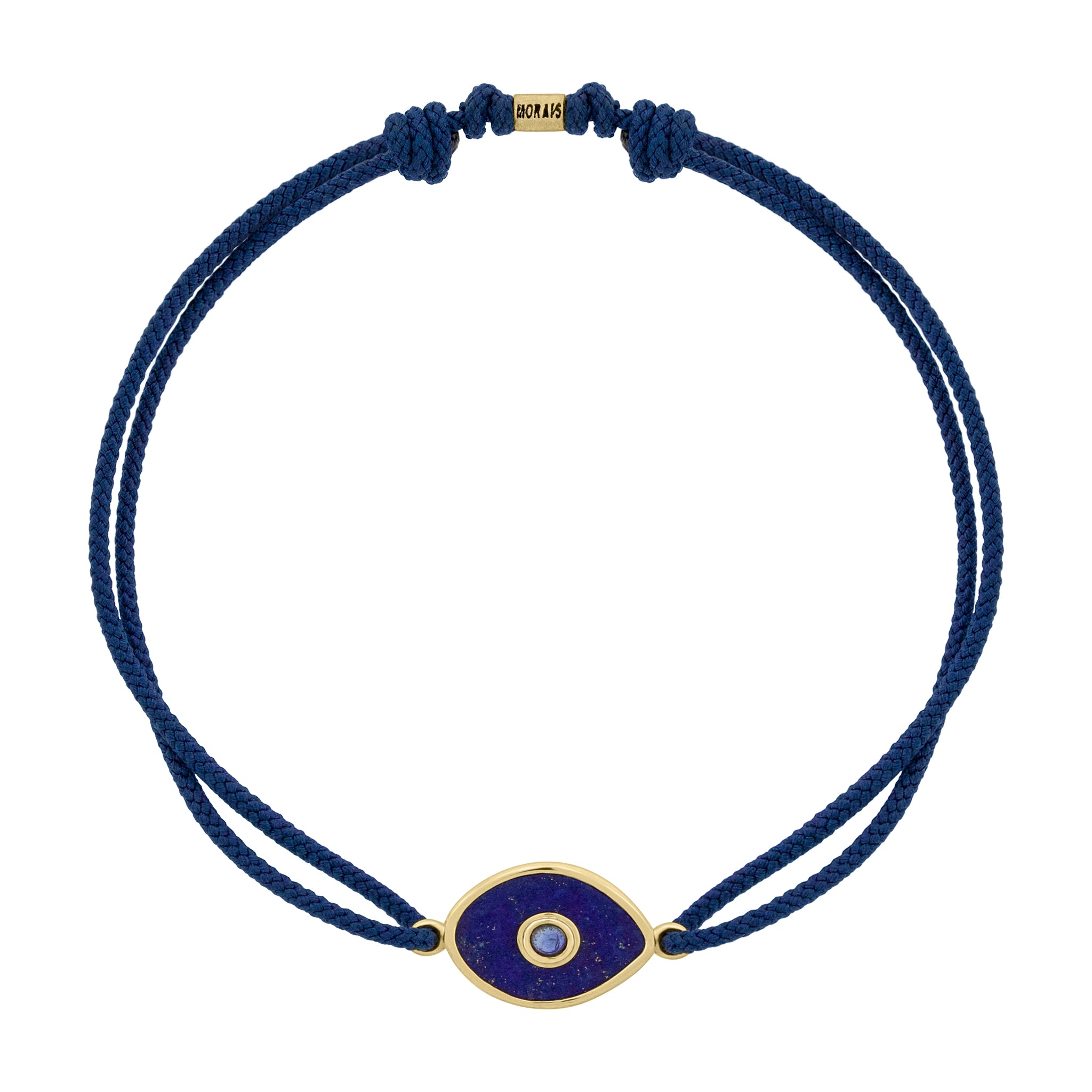 LUIS MORAIS 14k yellow gold framed gemstone eye with a blue sapphire cabochon center on an adjustable cord bracelet.
