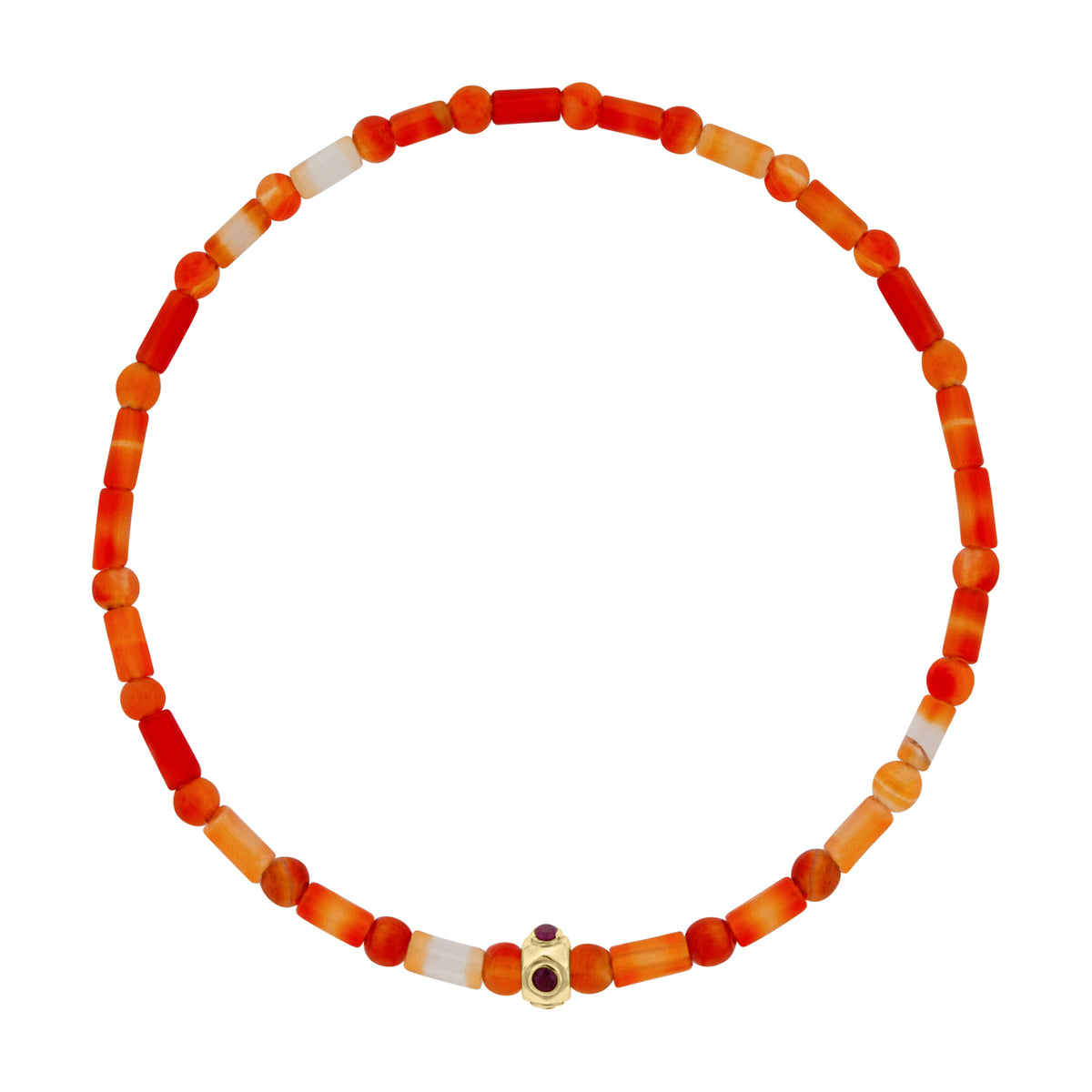 LUIS MORAIS 14k yellow gold barrel with four rubies on a gemstone beaded bracelet.