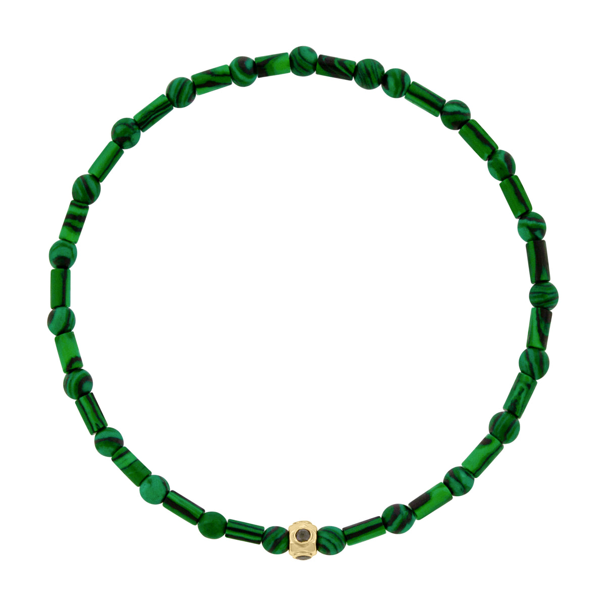 LUIS MORAIS 14k yellow gold barrel with four black diamonds on a gemstone beaded bracelet.