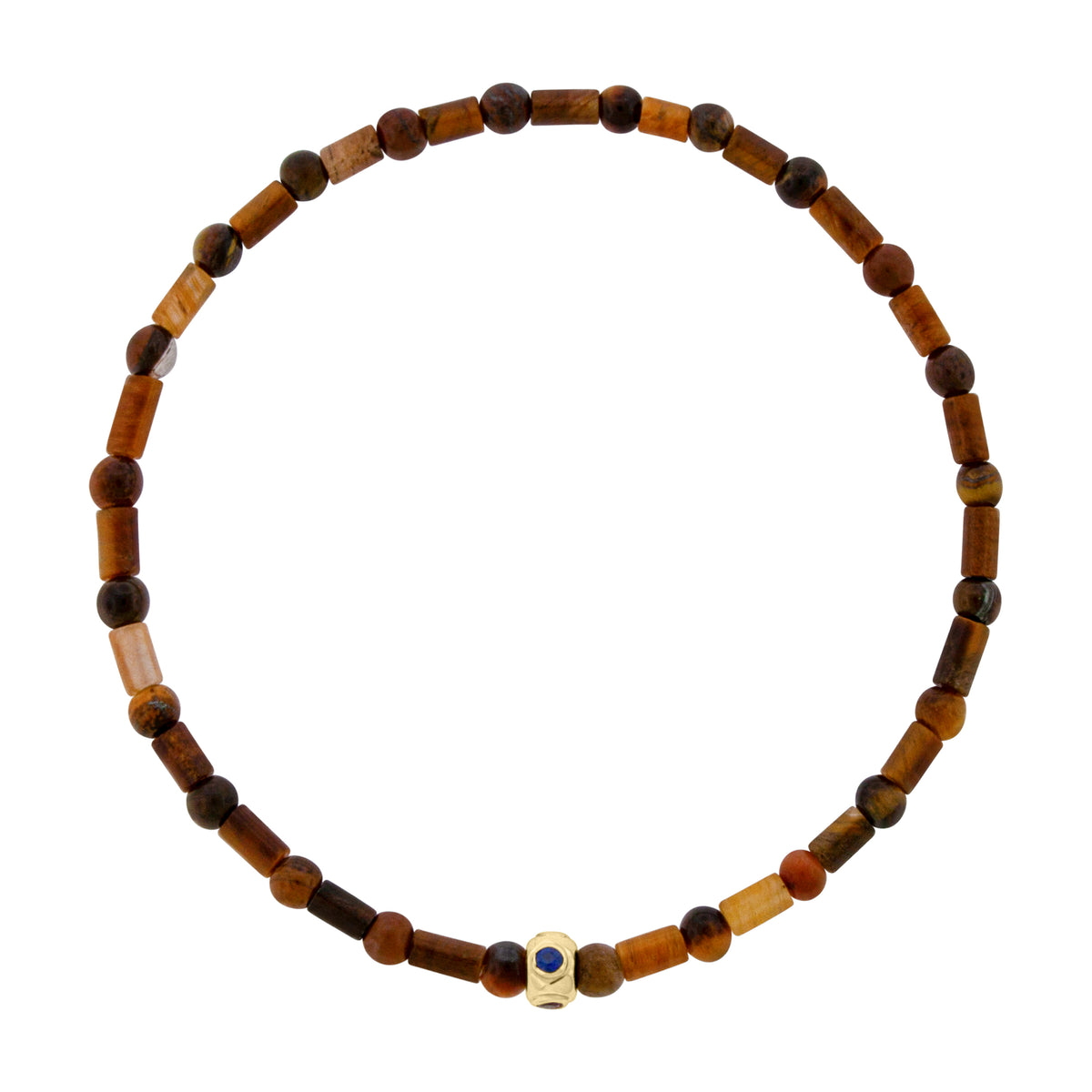 LUIS MORAIS 14k yellow gold barrel with four blue sapphires on a gemstone beaded bracelet.