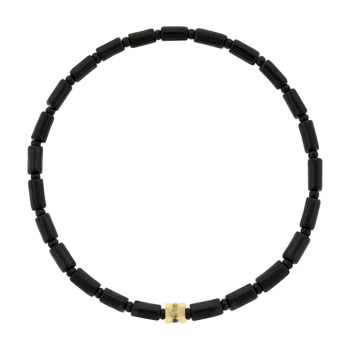 LUIS MORAIS 14K yellow gold short roll with a line of multicolor sapphires on a gemstone beaded bracelet. A versatile piece that pairs easily with other styles and is ideal for adding to your stack.
