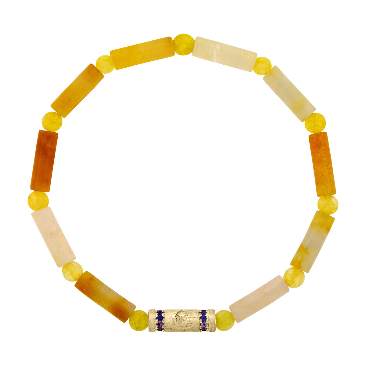 LUIS MORAIS 14k yellow gold tube with Moon Star relief symbol and two channels of multicolor sapphires on a gemstone beaded bracelet.