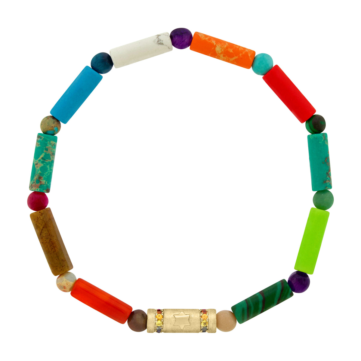 LUIS MORAIS 14k yellow gold tube with Star of David relief symbol and two channels of multicolor sapphires on a gemstone beaded bracelet.