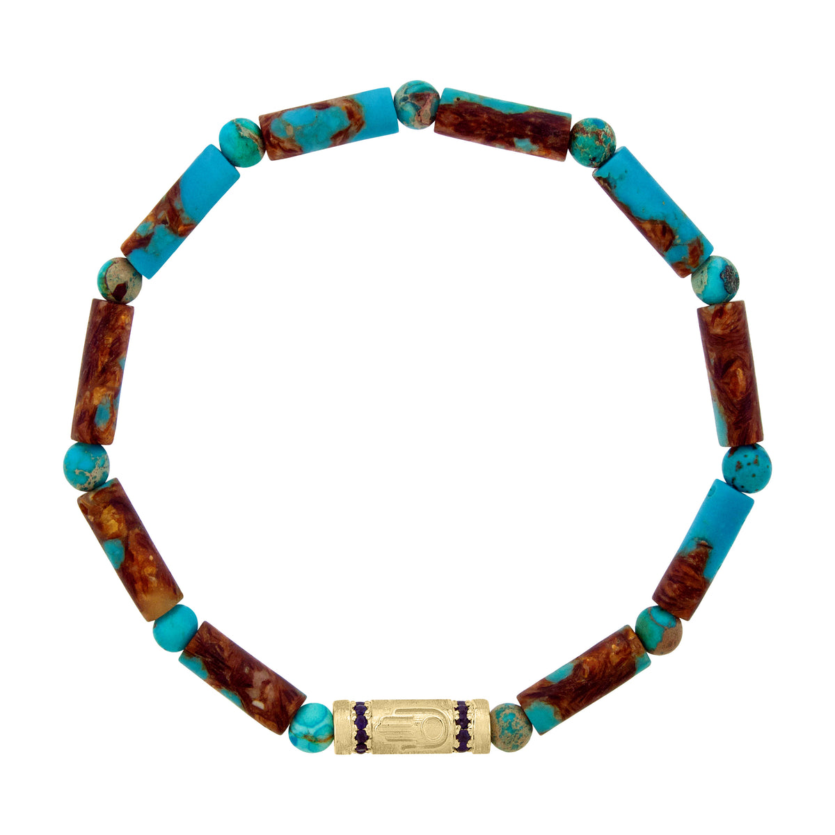LUIS MORAIS 14k yellow gold tube with Hamsa relief symbol and two channels of blue sapphires on a gemstone beaded bracelet.