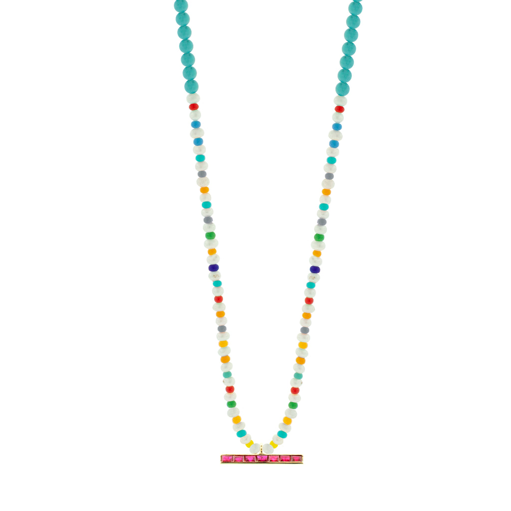 LUIS MORAIS 14k yellow gold medium link ID bar with ruby baguettes on a pearl, Turquoise, and glass beaded necklace. Lobster clasp closure.  Main gemstone: Turquoise