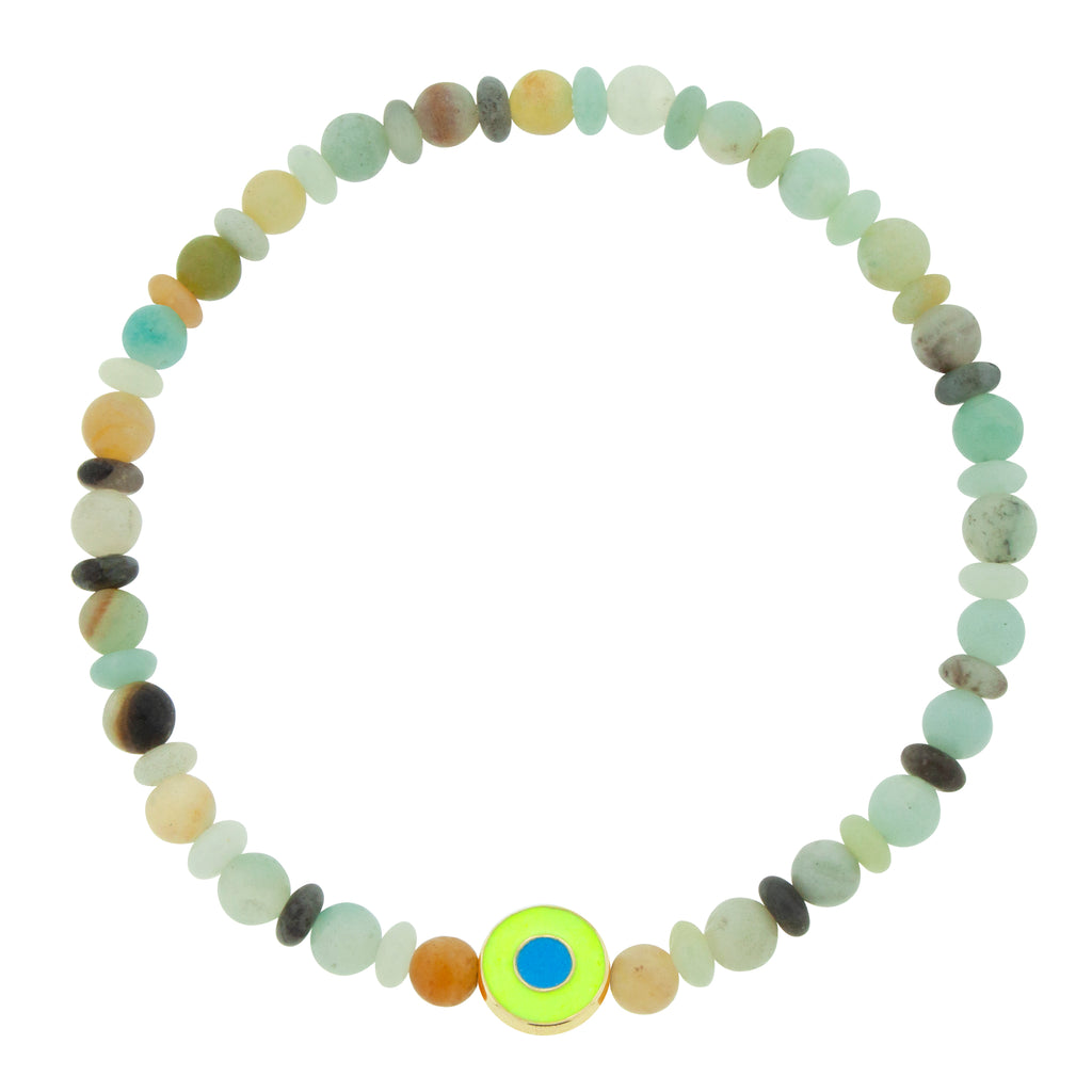 LUIS MORAIS 14k yellow gold small disk with a recessed double-enameled evil eye on an Amazonite beaded bracelet.  *If you require a size that is not available in the options provided, please indicate your preferred size in the designated text box during checkout.