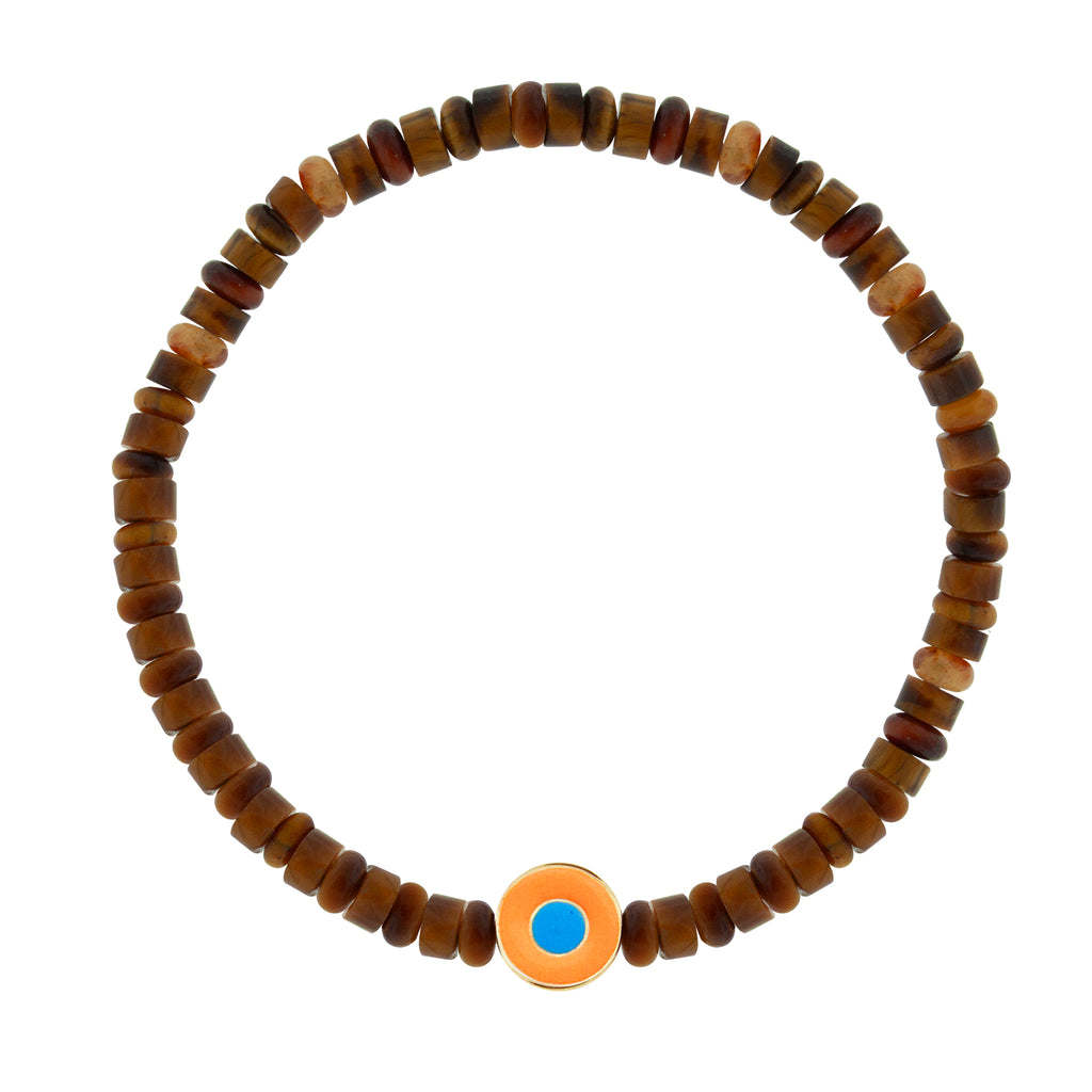 LUIS MORAIS 14k yellow gold small disk with a recessed double-enameled evil eye on a Tiger's Eye beaded bracelet.  *If you require a size that is not available in the options provided, please indicate your preferred size in the designated text box during checkout.