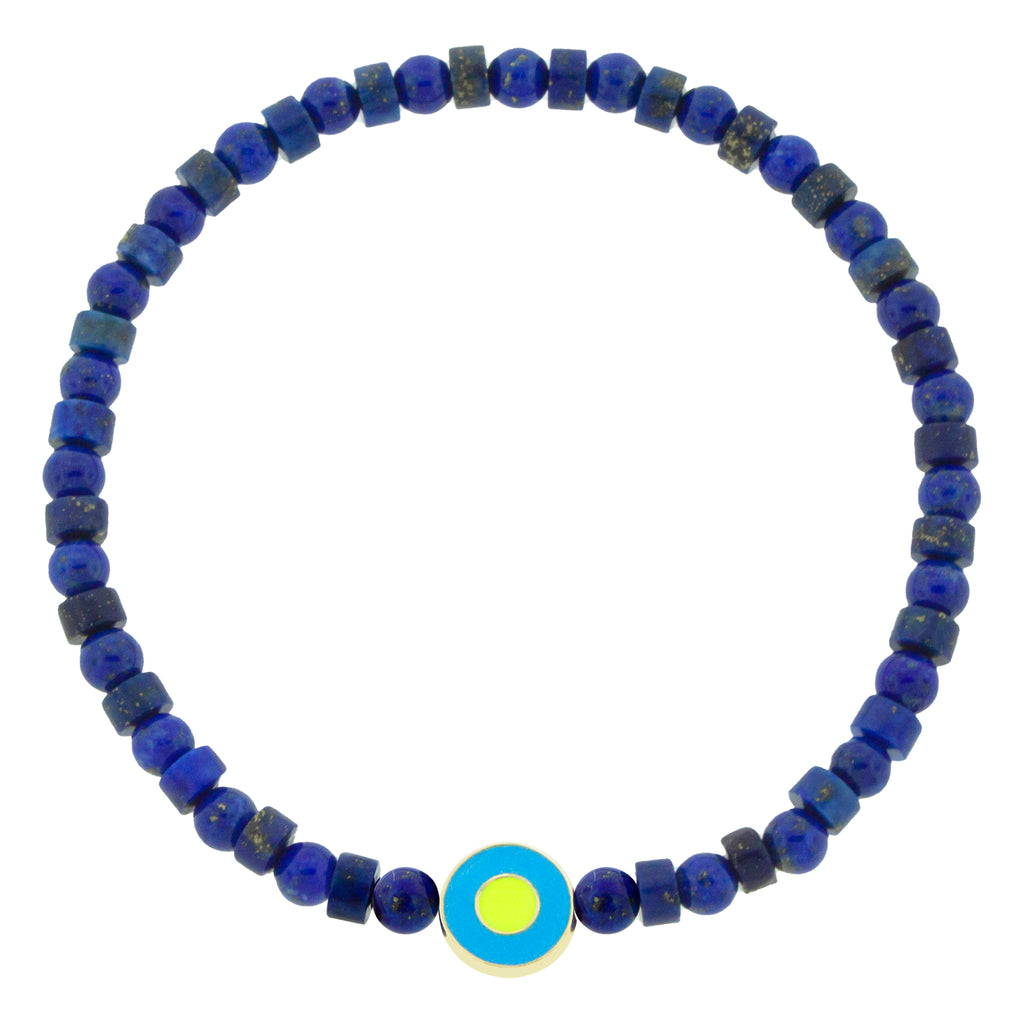 LUIS MORAIS 14k yellow gold small disk with a recessed double-enameled evil eye on a Lapis beaded bracelet.  *If you require a size that is not available in the options provided, please indicate your preferred size in the designated text box during checkout.