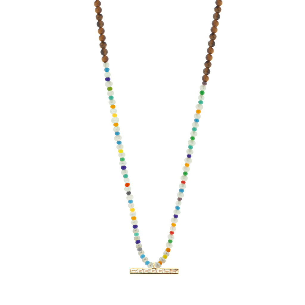 LUIS MORAIS 14k yellow gold medium link ID bar with TLC diamond baguettes on a pearl, Tiger's Eye, and glass beaded necklace. Lobster clasp closure.  Length: 20 in.  Main gemstone: Tiger's Eye