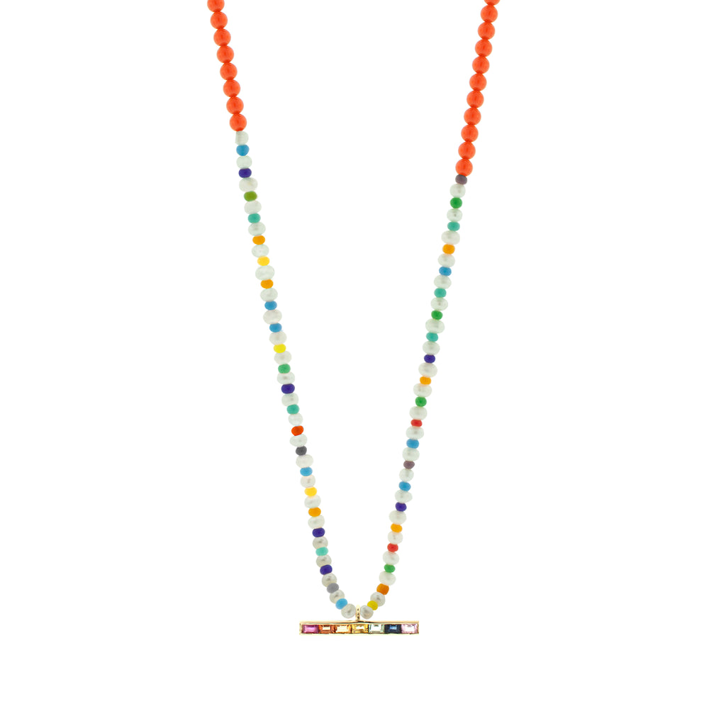 LUIS MORAIS 14k yellow gold medium link ID bar with rainbow sapphire baguettes on a pearl, Carnelian, and glass beaded necklace. Lobster clasp closure.  Main gemstone: Carnelian